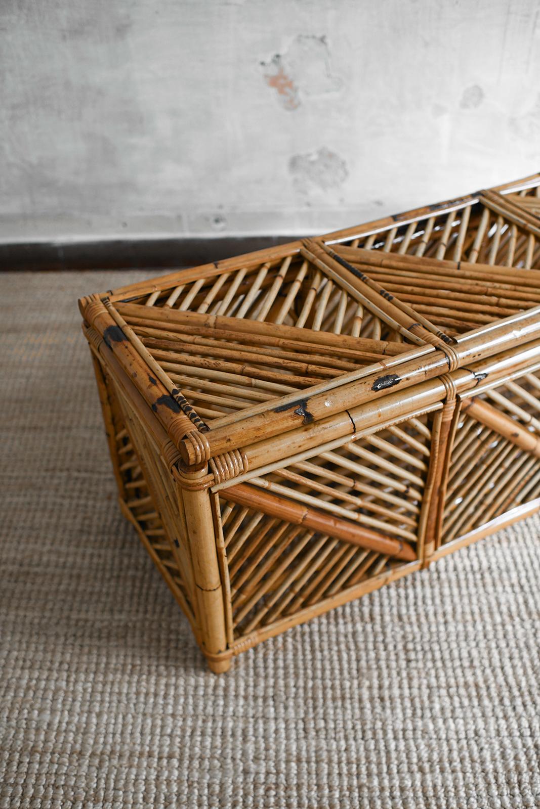 Late 20th Century Bamboo storage bench with geometric cane patterns, 1980s