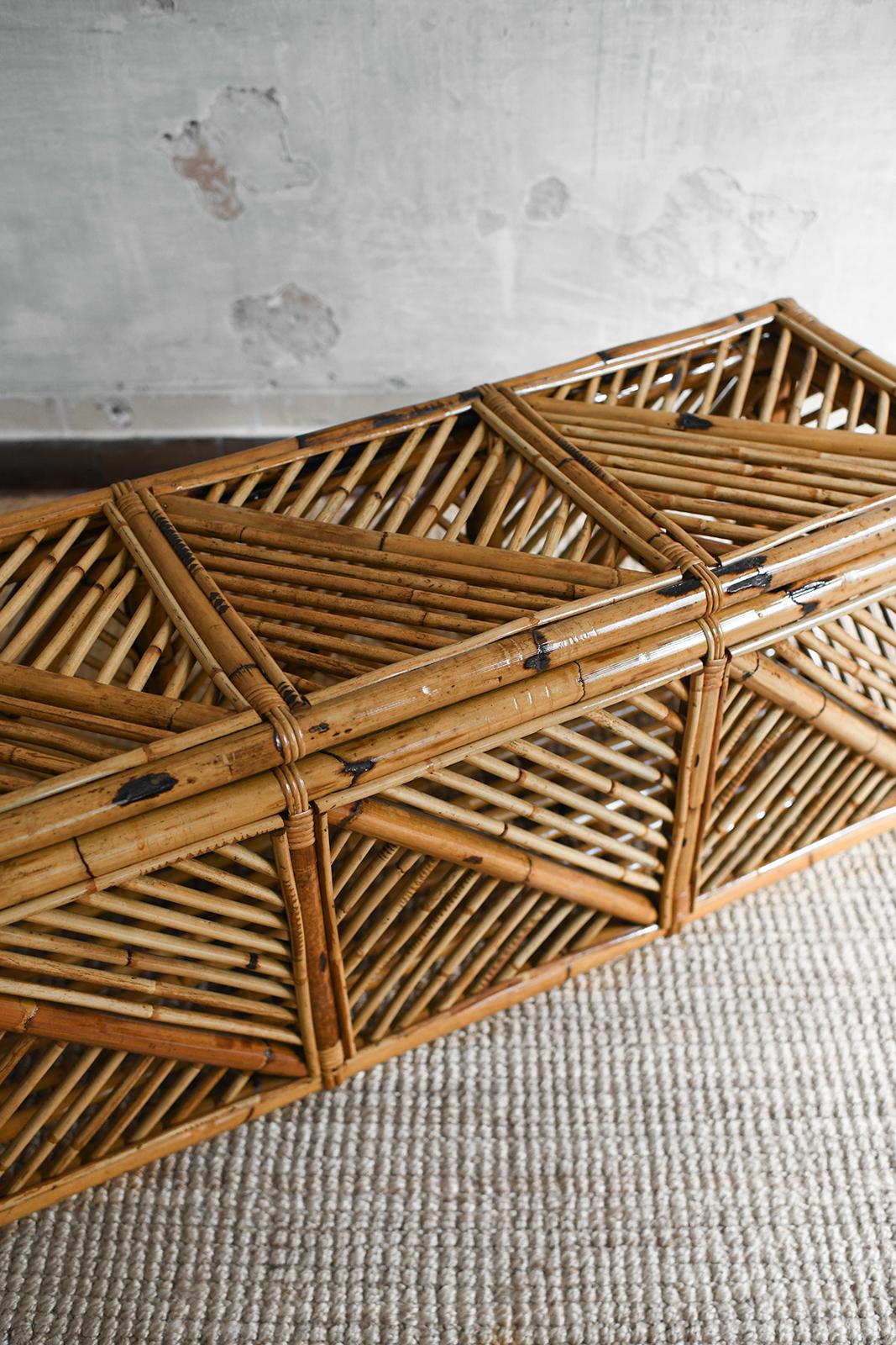 Bamboo storage bench with geometric cane patterns, 1980s 1