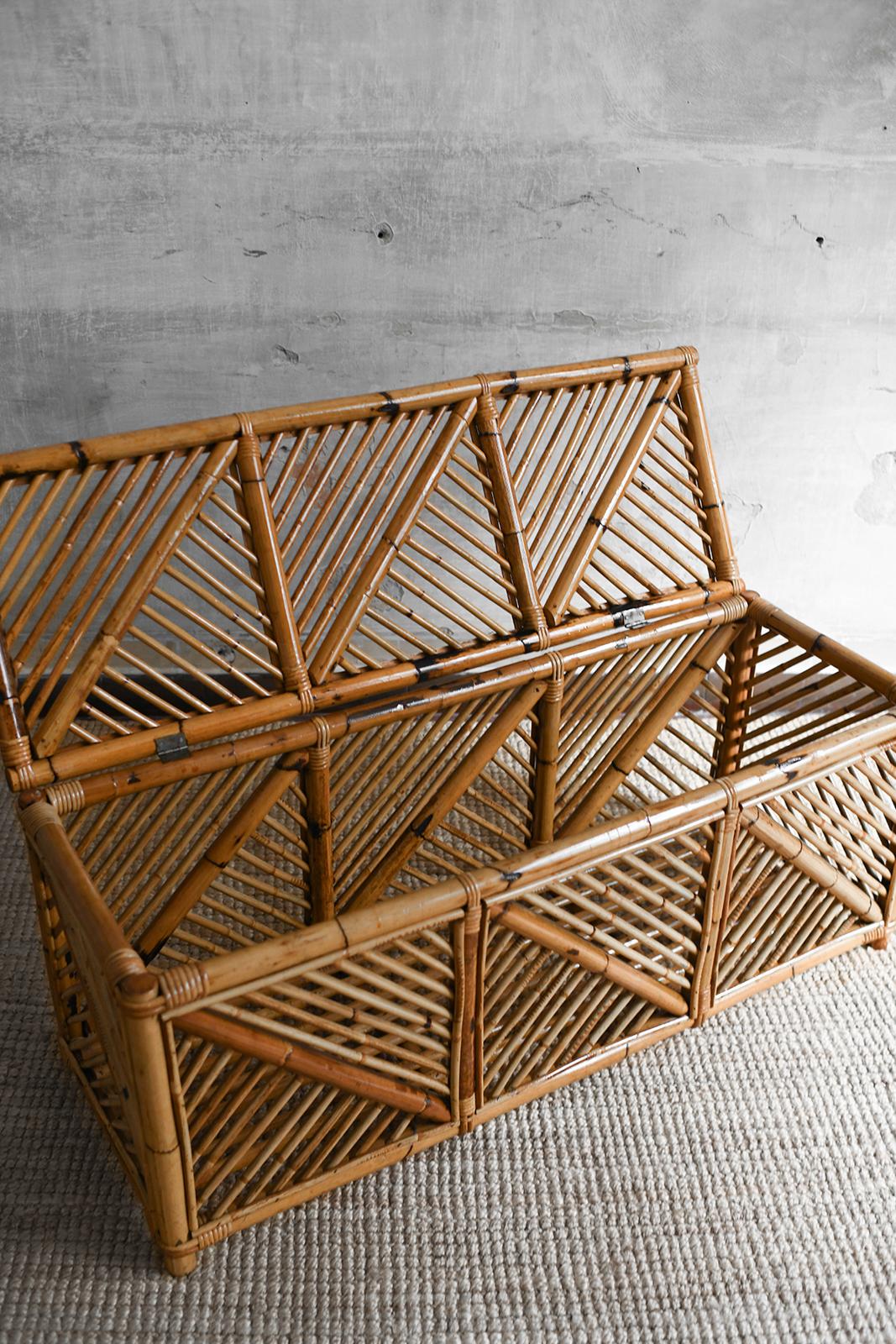 Bamboo storage bench with geometric cane patterns, 1980s 2