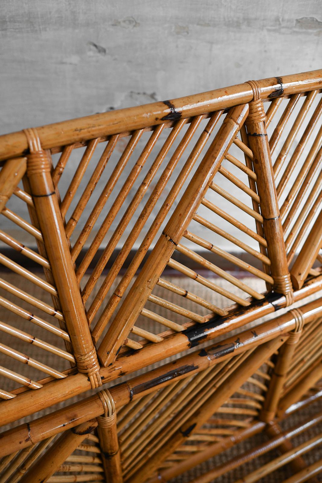 Bamboo storage bench with geometric cane patterns, 1980s 4
