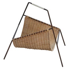 Bamboo Straw Magazine Rack in Black and Beige Geometric Stylized Metal, 1950s