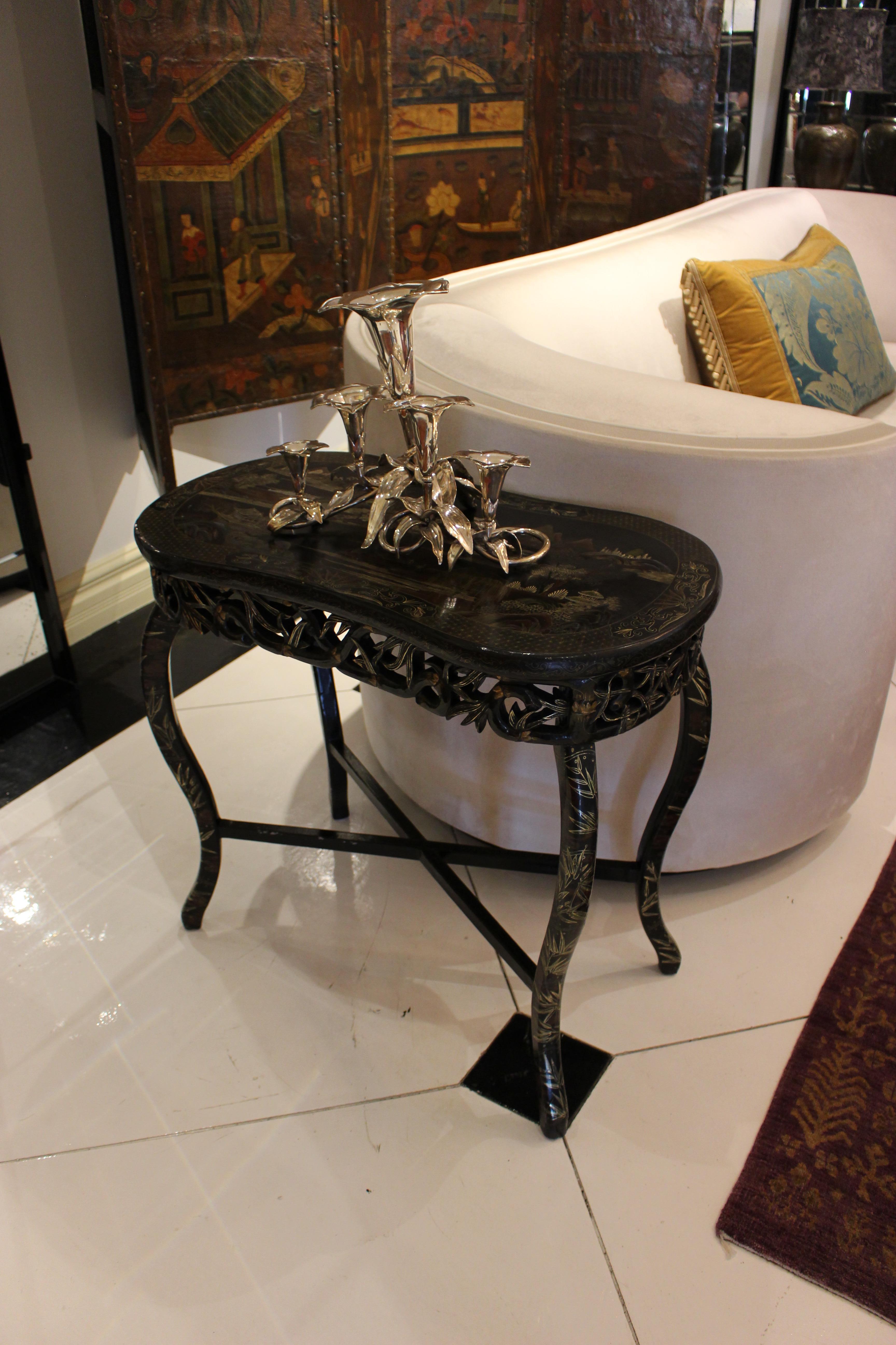 Bamboo Style Carved Ebonized 4 Leg Table with Chinoiserie Pantry For Sale 5