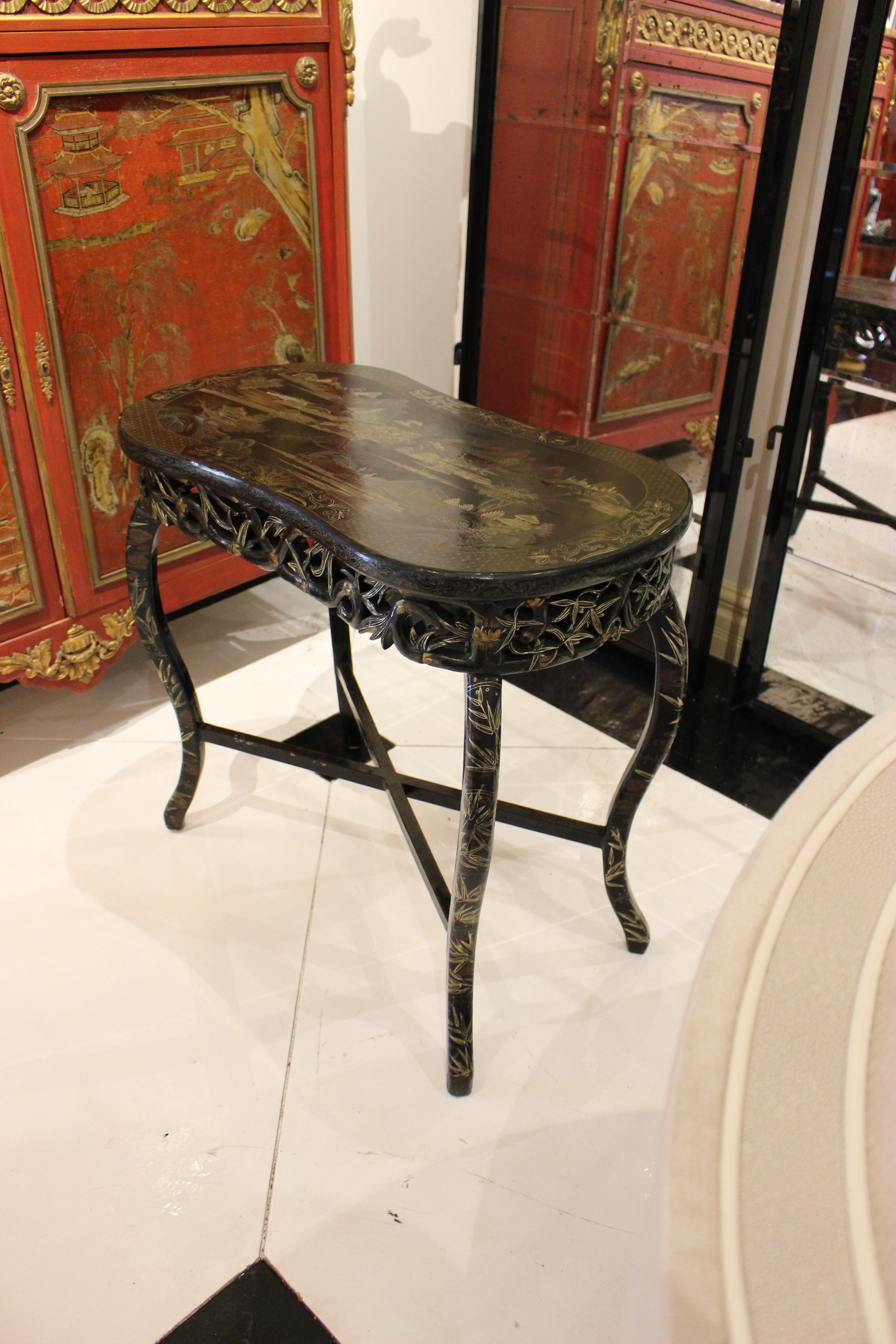 Bamboo Style Carved Ebonized 4 Leg Table with Chinoiserie Pantry For Sale 4