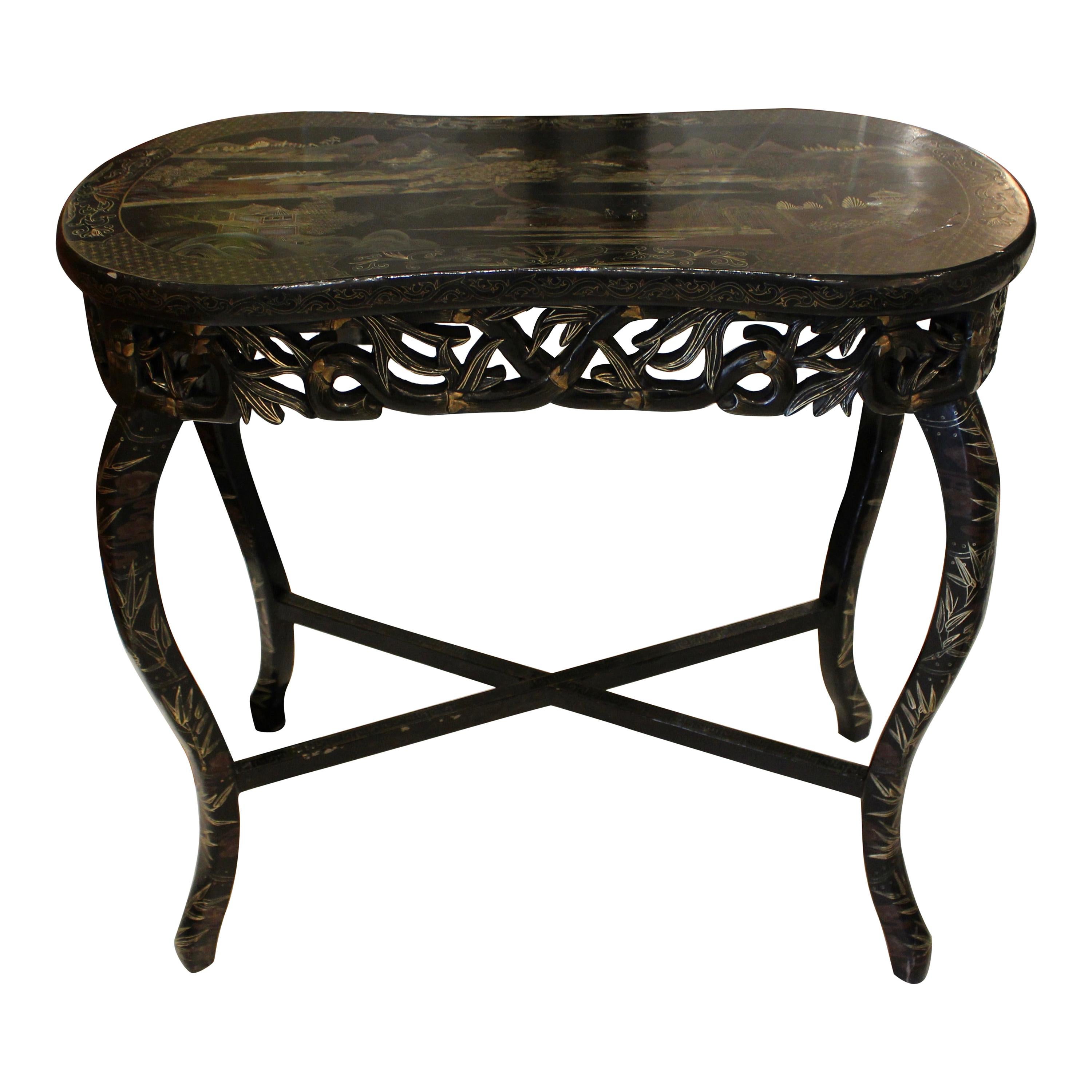 Bamboo Style Carved Ebonized 4 Leg Table with Chinoiserie Pantry For Sale