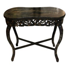 Used Bamboo Style Carved Ebonized 4 Leg Table with Chinoiserie Pantry