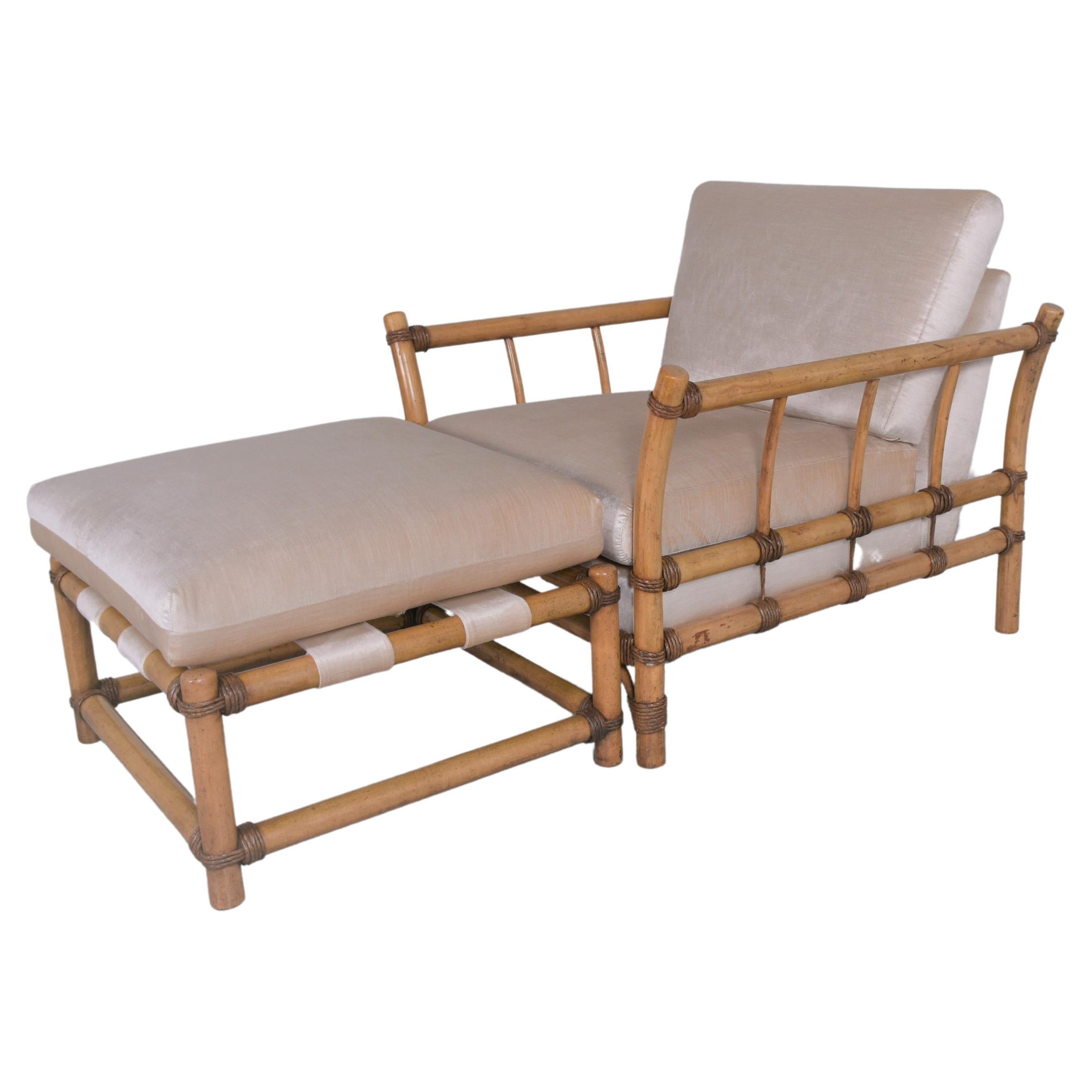 Discover a piece of retro luxury with our vintage 1970s mid-century modern bamboo-style chaise lounge, meticulously restored by our in-house team of professional craftsmen. This chaise lounge is an exemplar of classic design and comfort, making it a