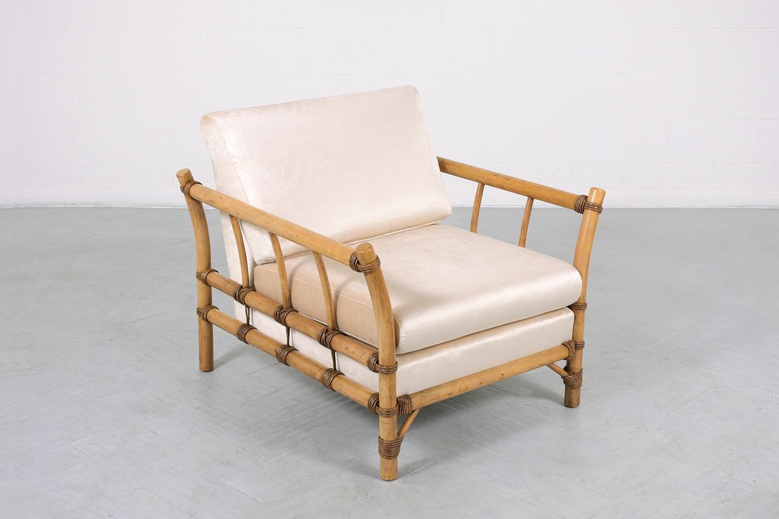 Restored Vintage Bamboo Style Chaise Lounge with Rattan Accents & Velvet Cushion In Good Condition For Sale In Los Angeles, CA