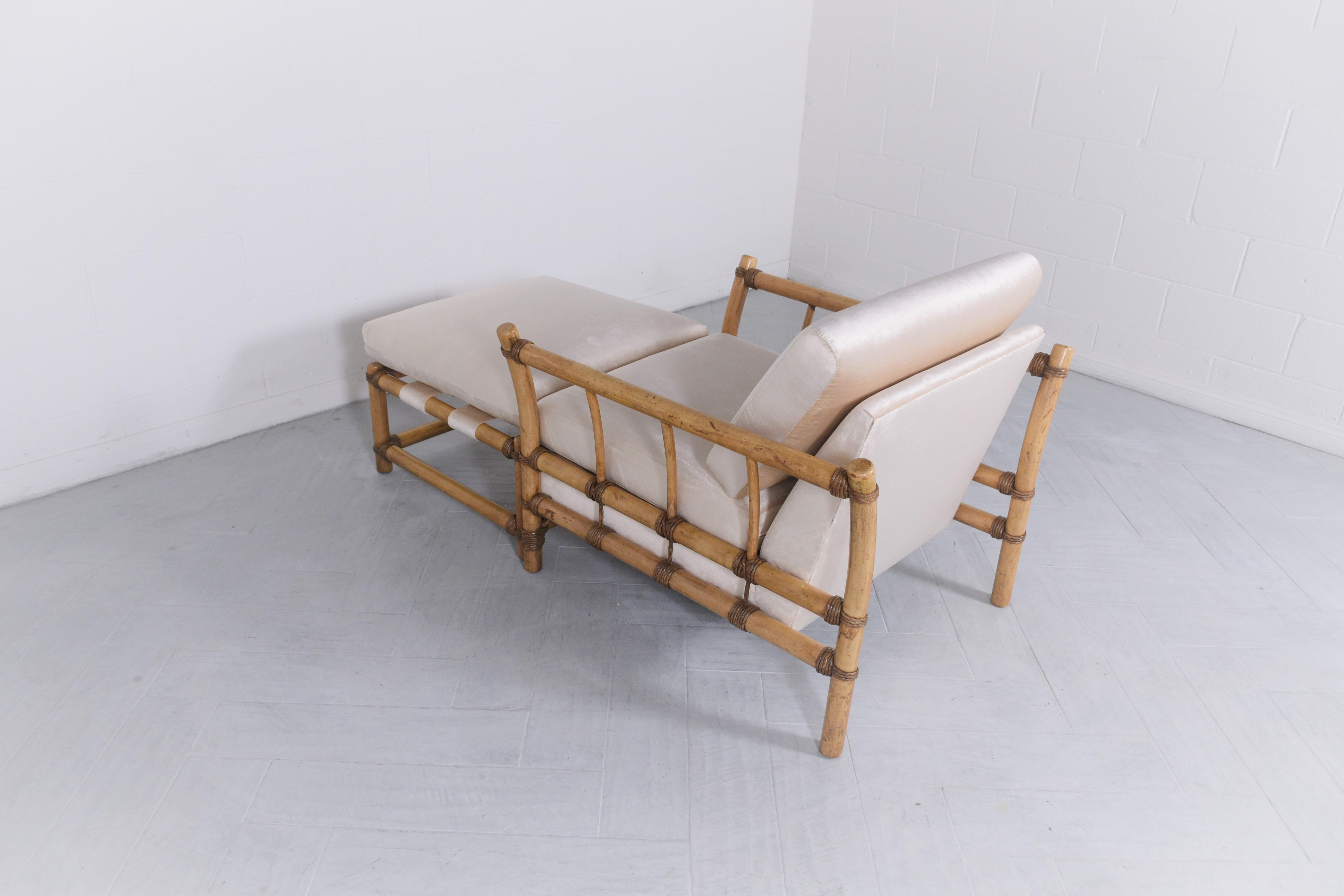 Late 20th Century Restored Vintage Bamboo Style Chaise Lounge with Rattan Accents & Velvet Cushion For Sale