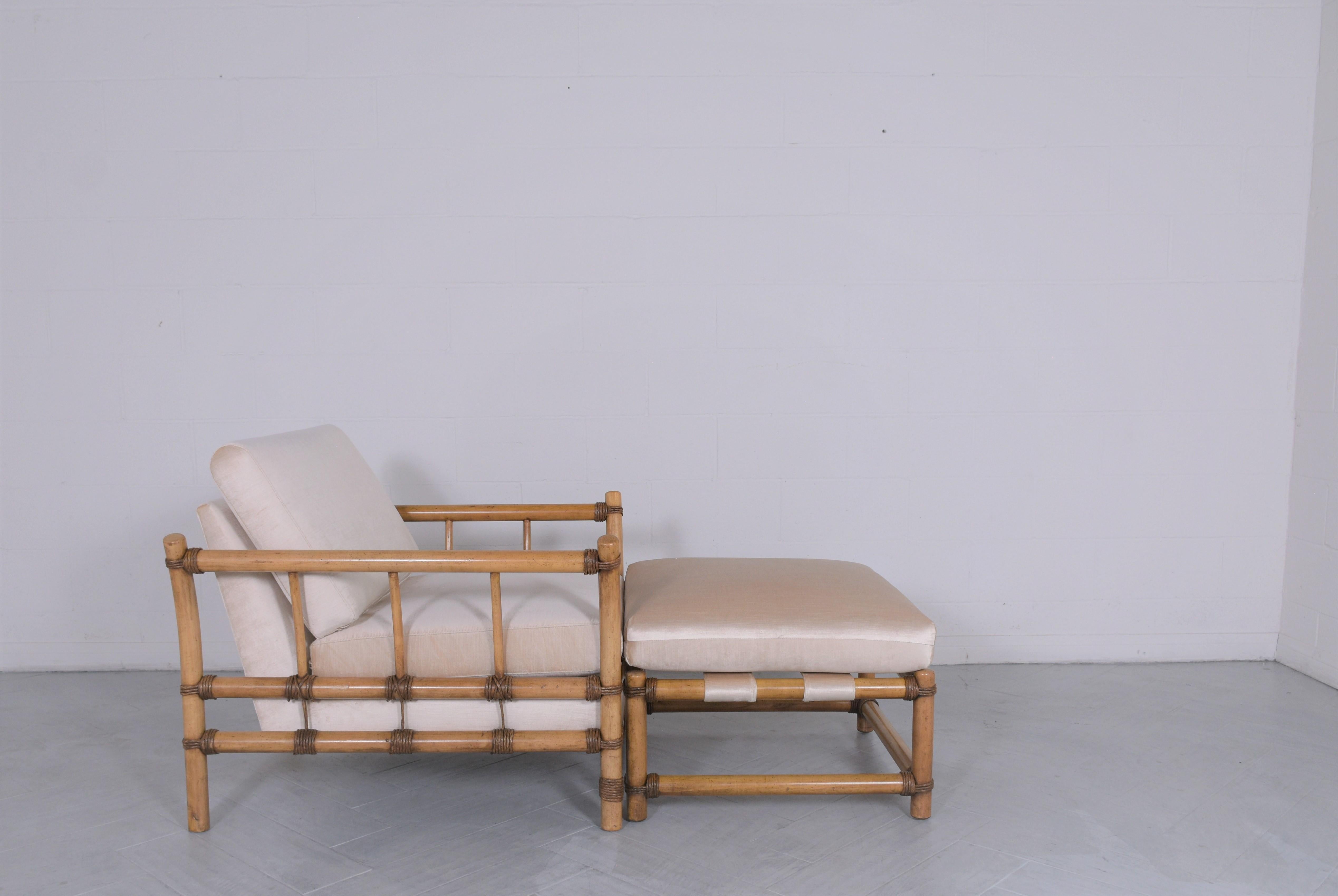 Lacquer Restored Vintage Bamboo Style Chaise Lounge with Rattan Accents & Velvet Cushion For Sale