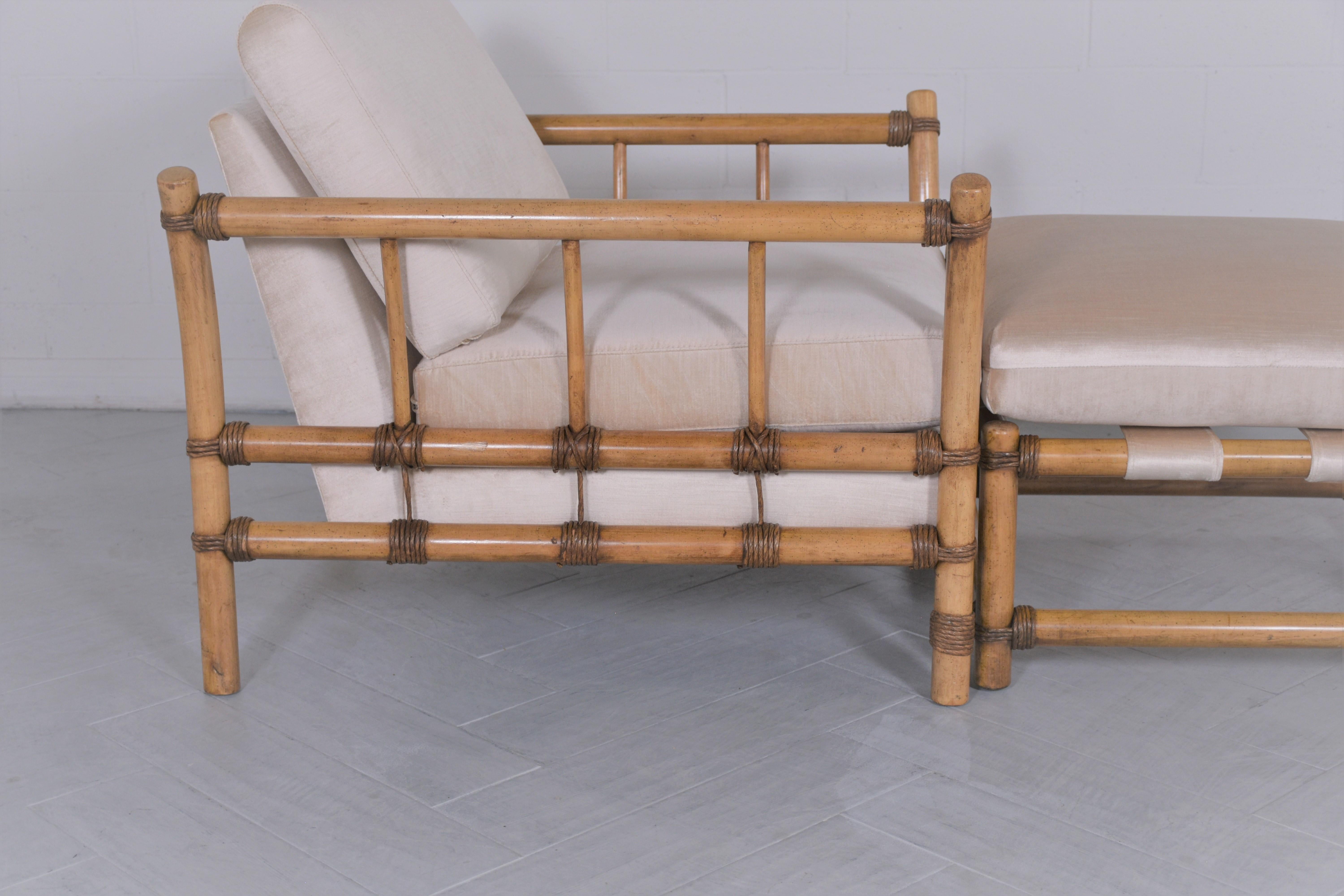 Restored Vintage Bamboo Style Chaise Lounge with Rattan Accents & Velvet Cushion For Sale 1