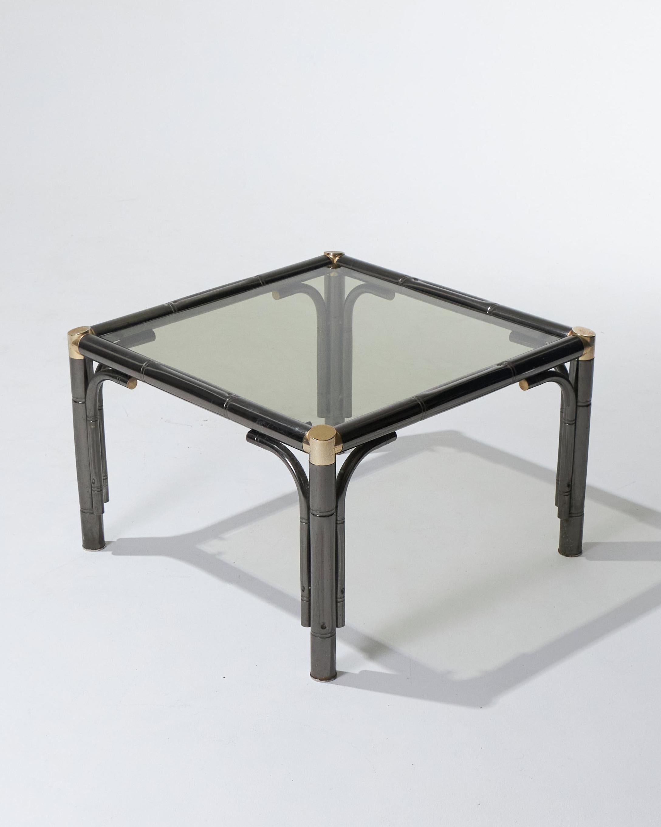 Mesa de centro estilo bambú en metal y cristal, años 80 siglo XX en venta