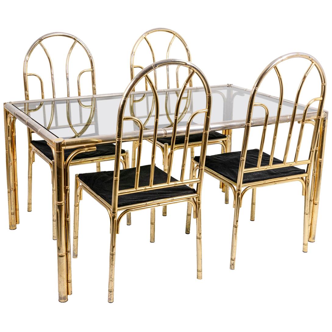 Bamboo Style Dining Table and Four Chairs in Silvered Brass, 1980s