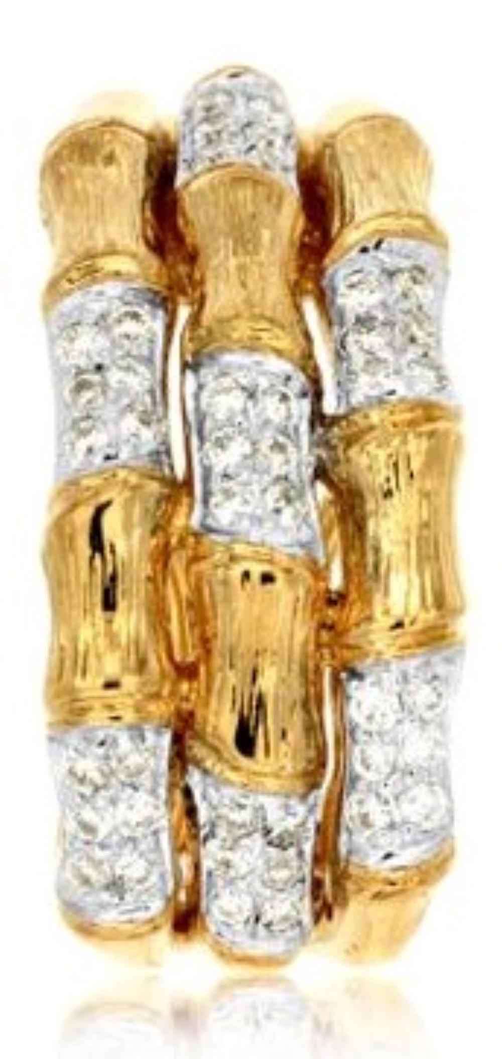 Modern Bamboo Style Huggie Hoop Close to the Ear with .34ct of Diamonds in 14kt Gold For Sale