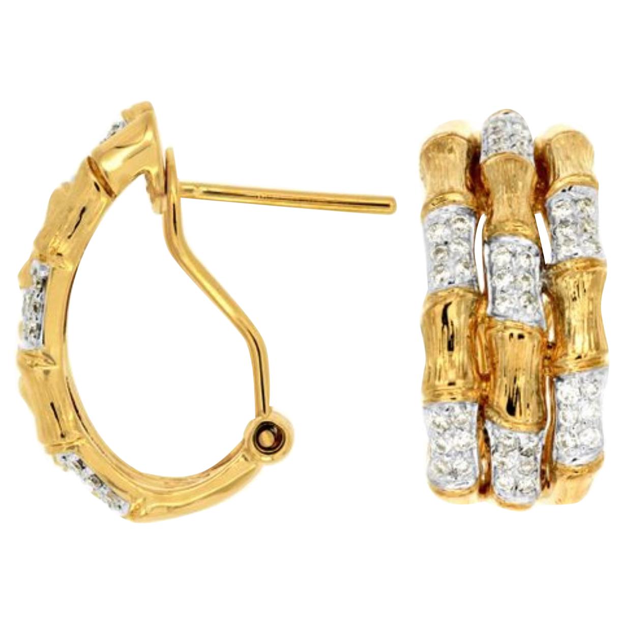 Bamboo Style Huggie Hoop Close to the Ear with .34ct of Diamonds in 14kt Gold For Sale