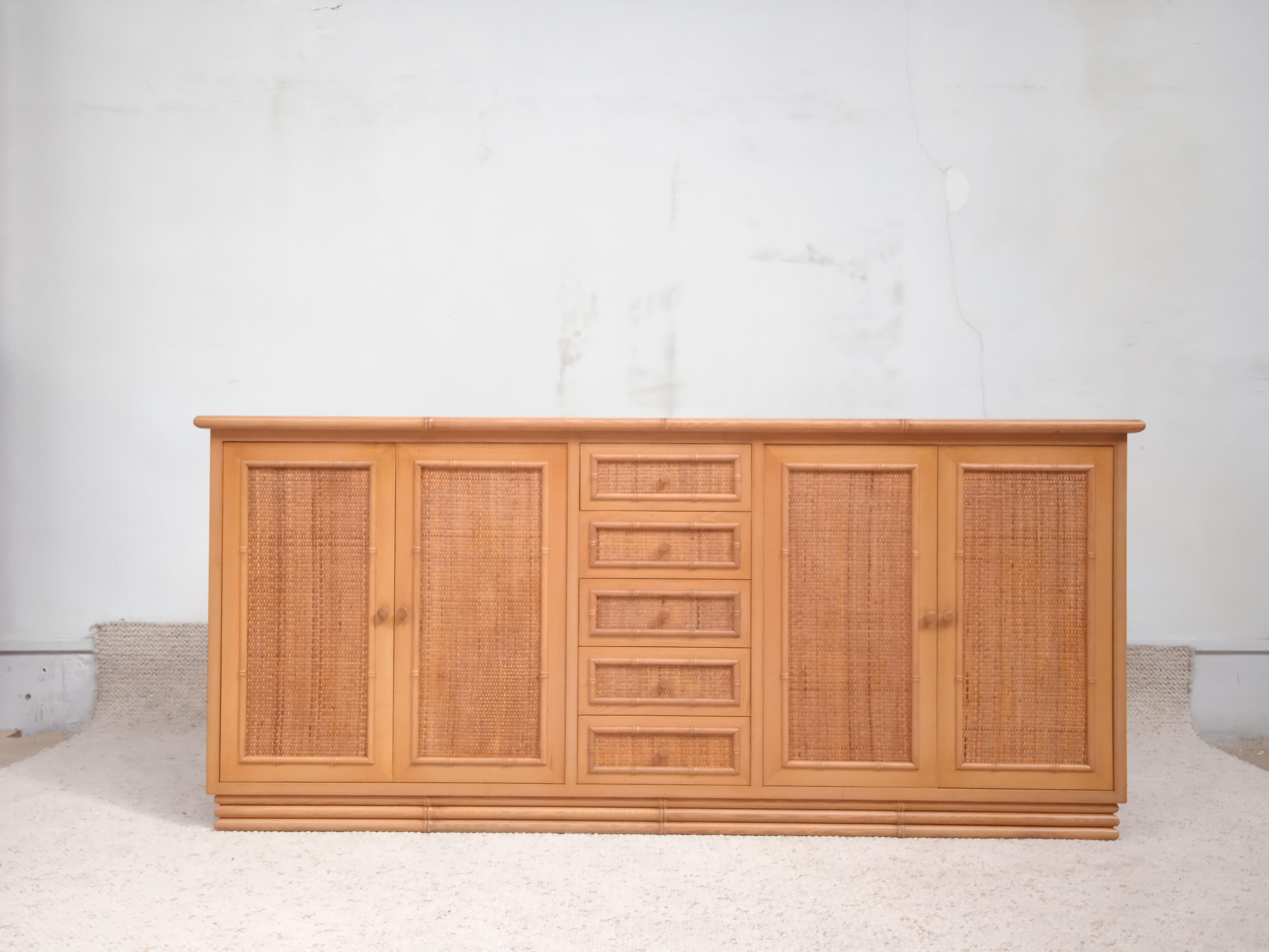 Bohemian Bamboo Style Sideboard with Rattan Details, 1970