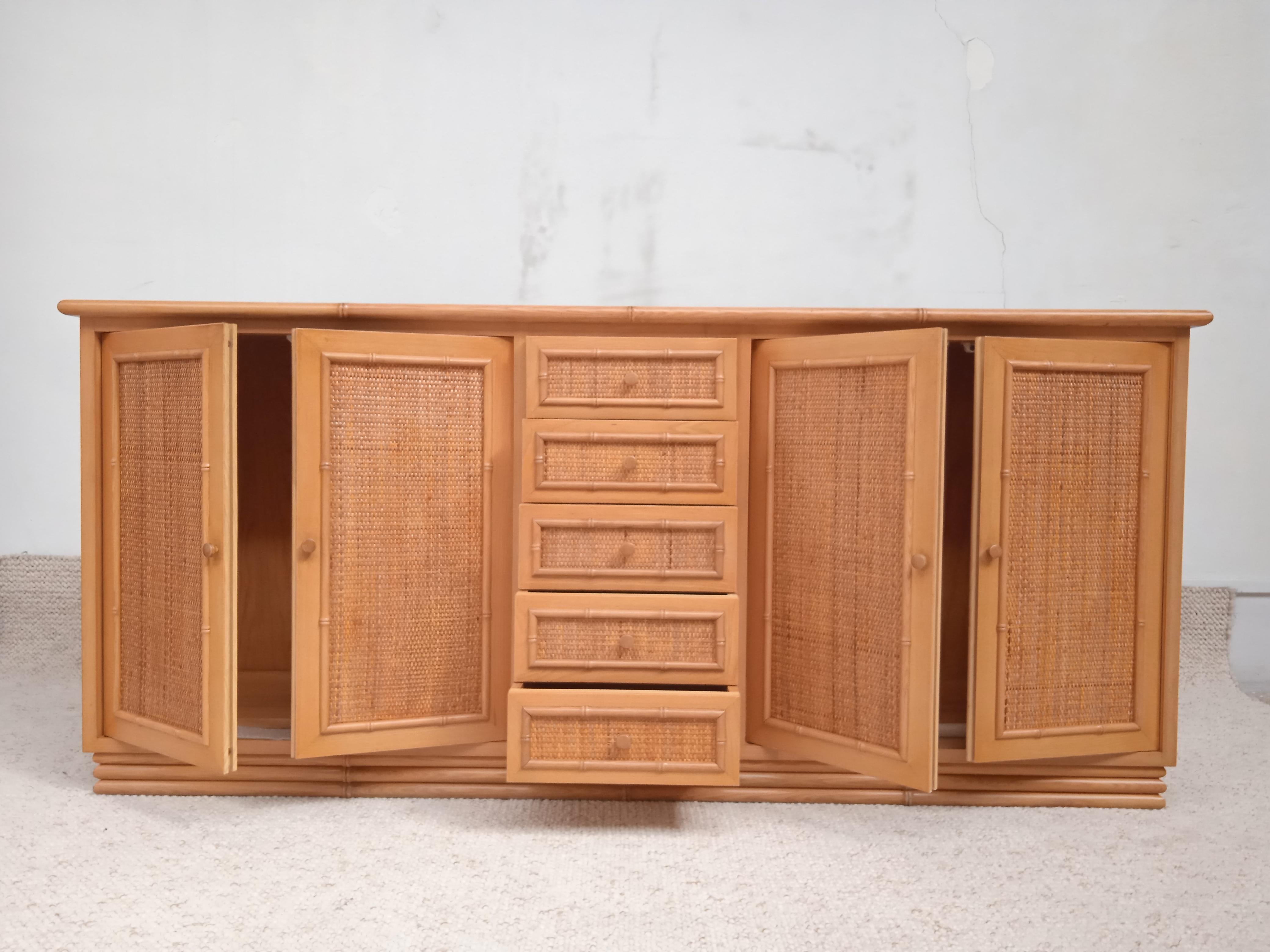 Italian Bamboo Style Sideboard with Rattan Details, 1970