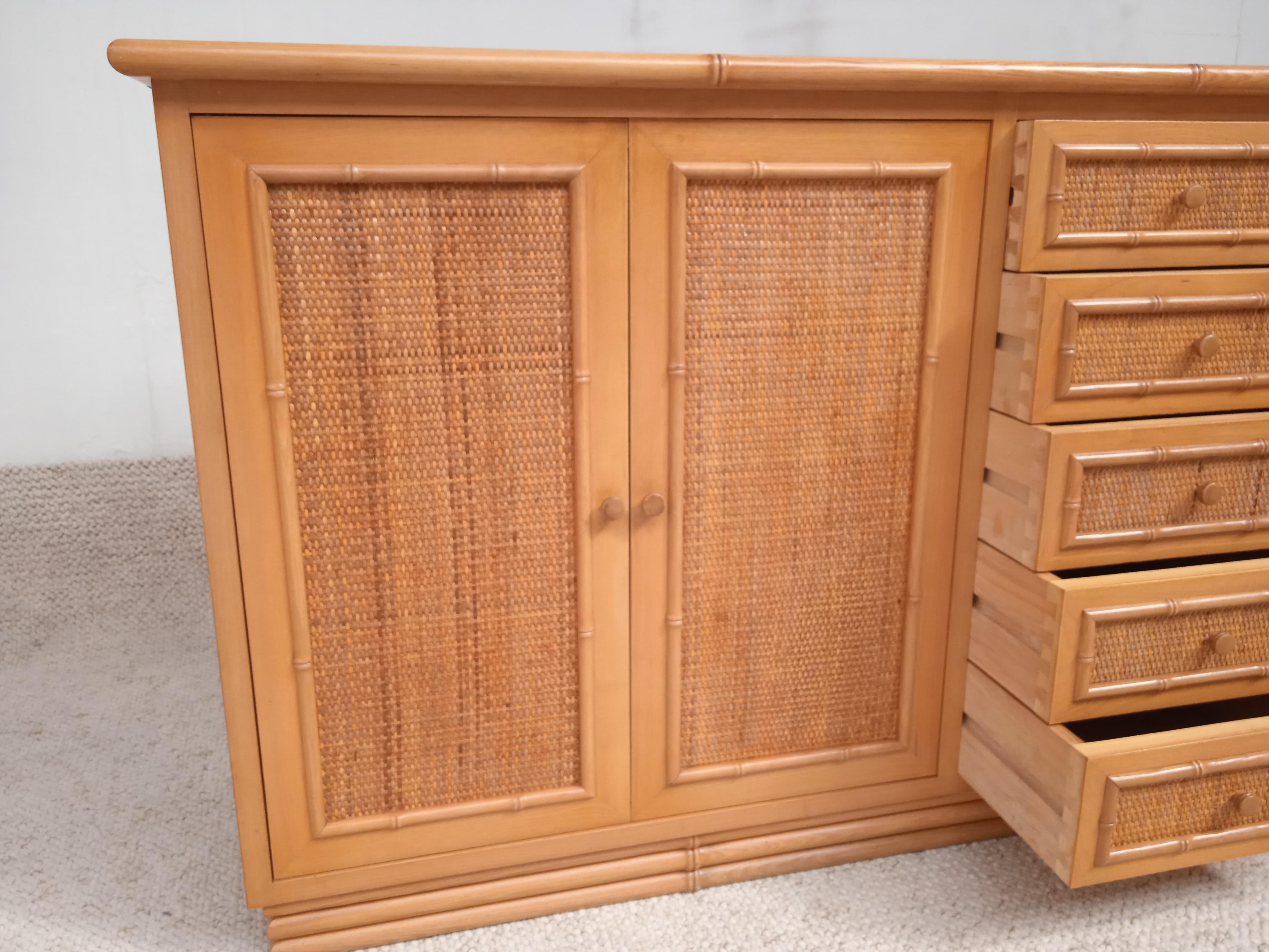 Bamboo Style Sideboard with Rattan Details, 1970 In Good Condition In Paris, FR