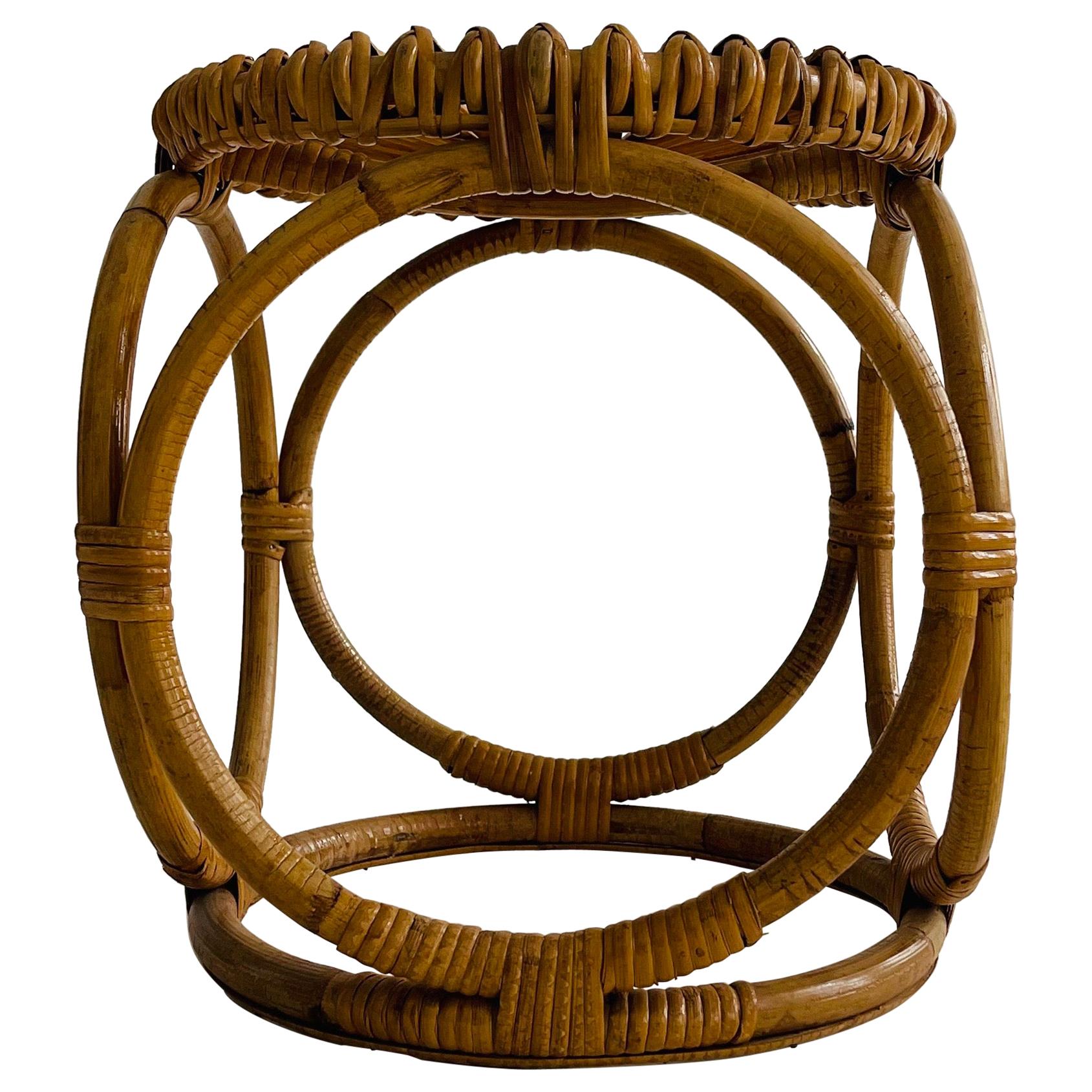 Bamboo Style Woven Rattan Wicker Stool, Italy, 1970s For Sale