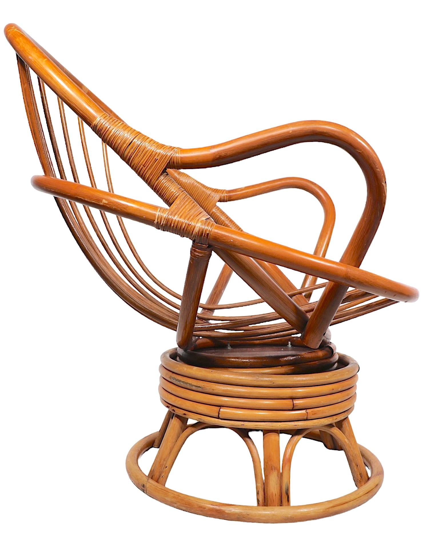 Bamboo Swivel Tilt Lounge Chair c 1970's For Sale 1