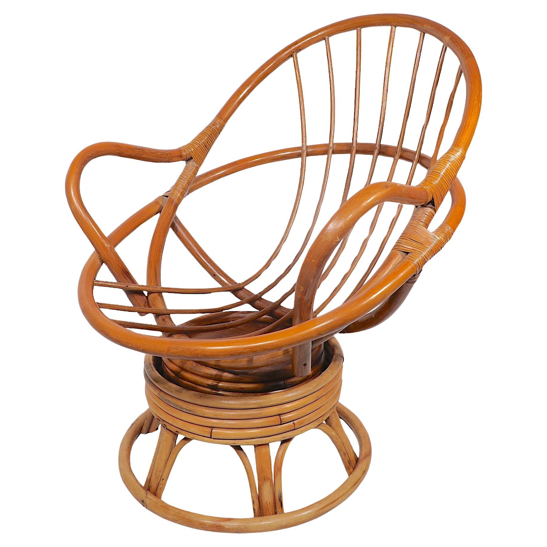 Bamboo Swivel Tilt Lounge Chair c 1970's For Sale