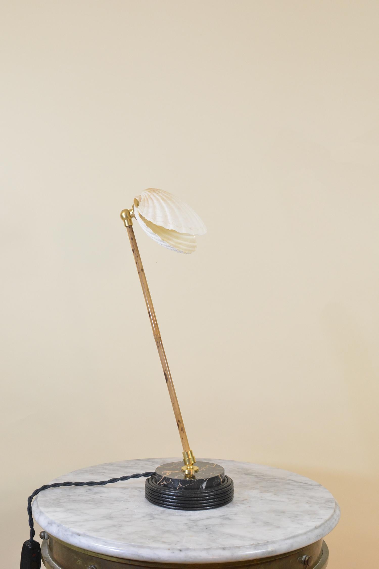 Bamboo Table Lamp with Black Leather and Marble Base and Scallop Shell Shade For Sale 4