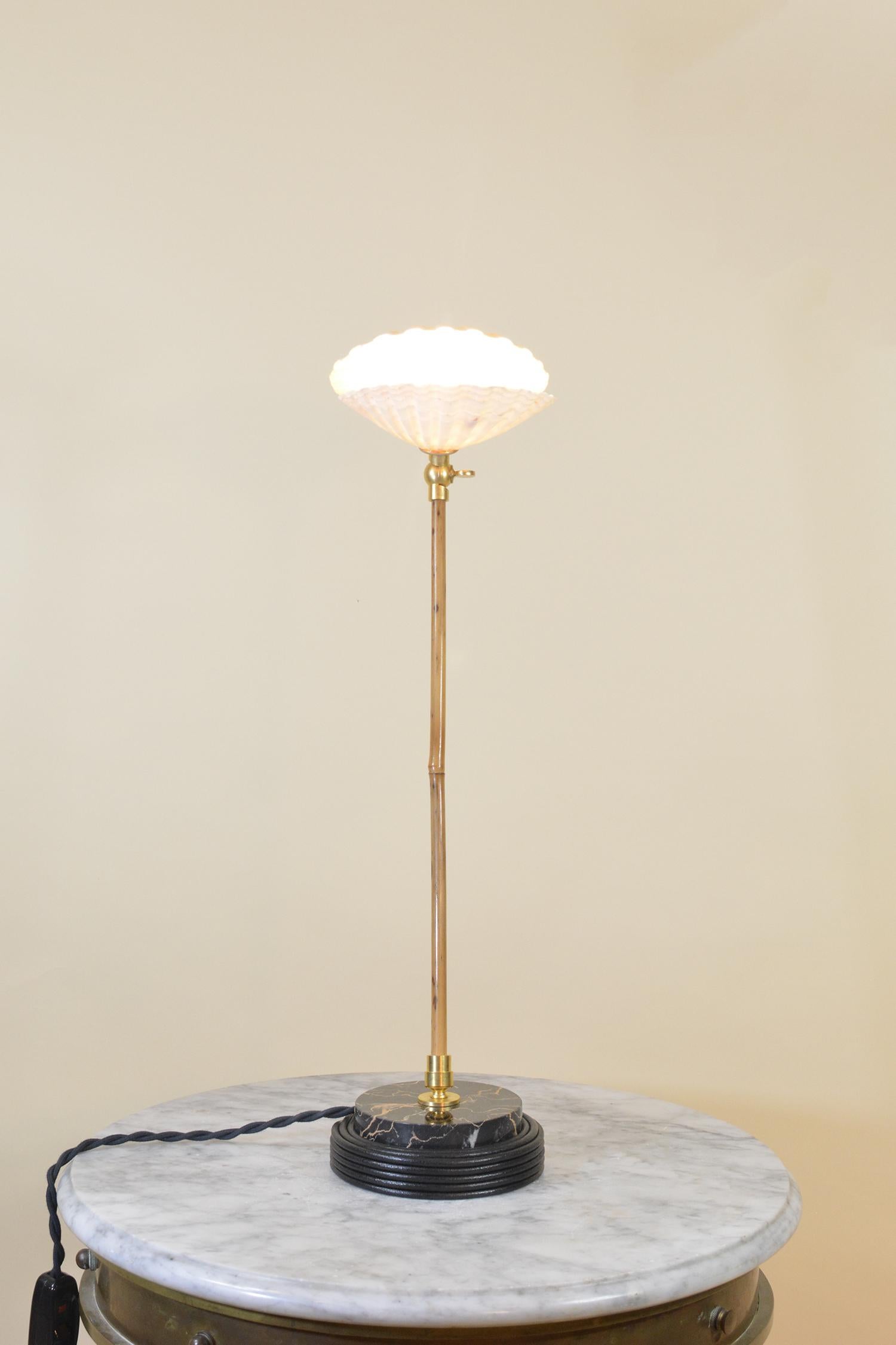 Bamboo Table Lamp with Black Leather and Marble Base and Scallop Shell Shade For Sale 5