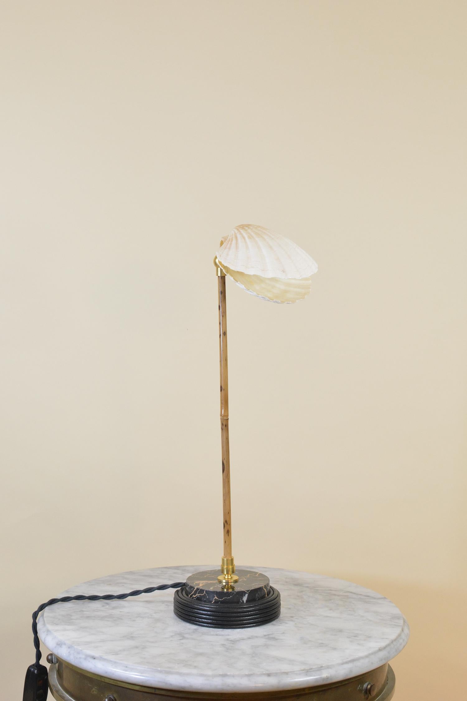 Bamboo Table Lamp with Black Leather and Marble Base and Scallop Shell Shade For Sale 6