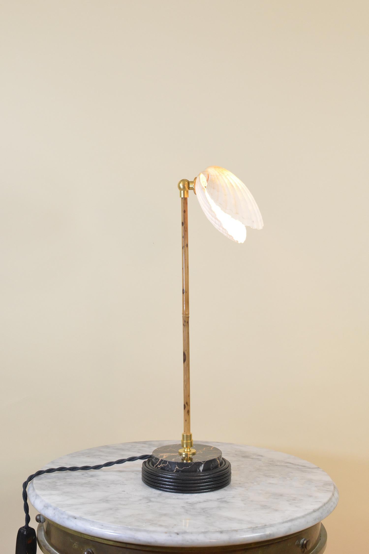 American Bamboo Table Lamp with Black Leather and Marble Base and Scallop Shell Shade For Sale