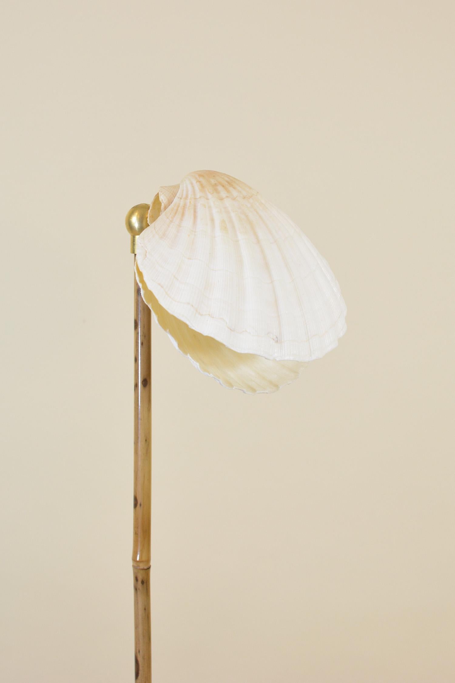 Hand-Crafted Bamboo Table Lamp with Black Leather and Marble Base and Scallop Shell Shade For Sale