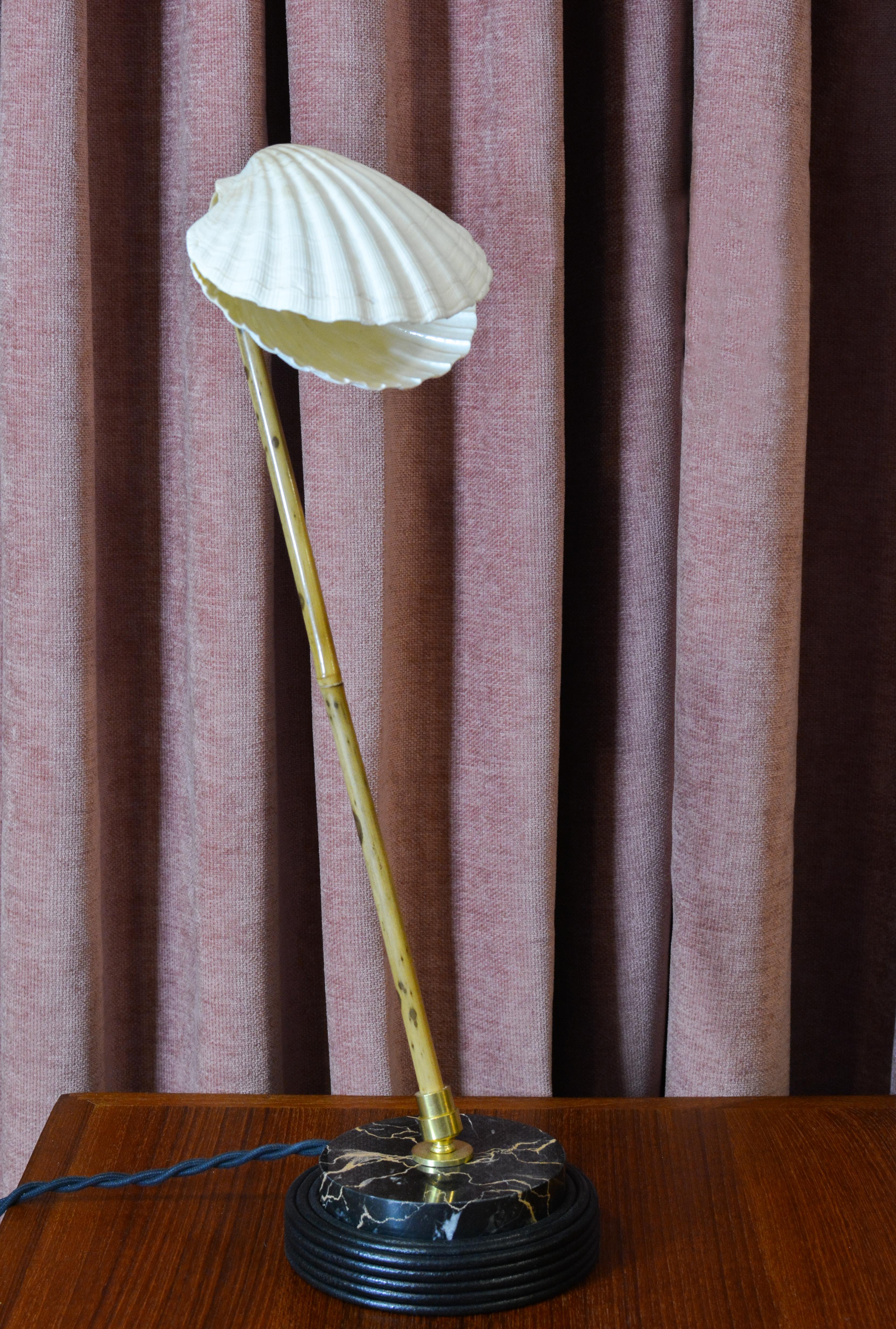 Bamboo Table Lamp with Black Leather and Marble Base and Scallop Shell Shade In New Condition For Sale In Brooklyn, NY