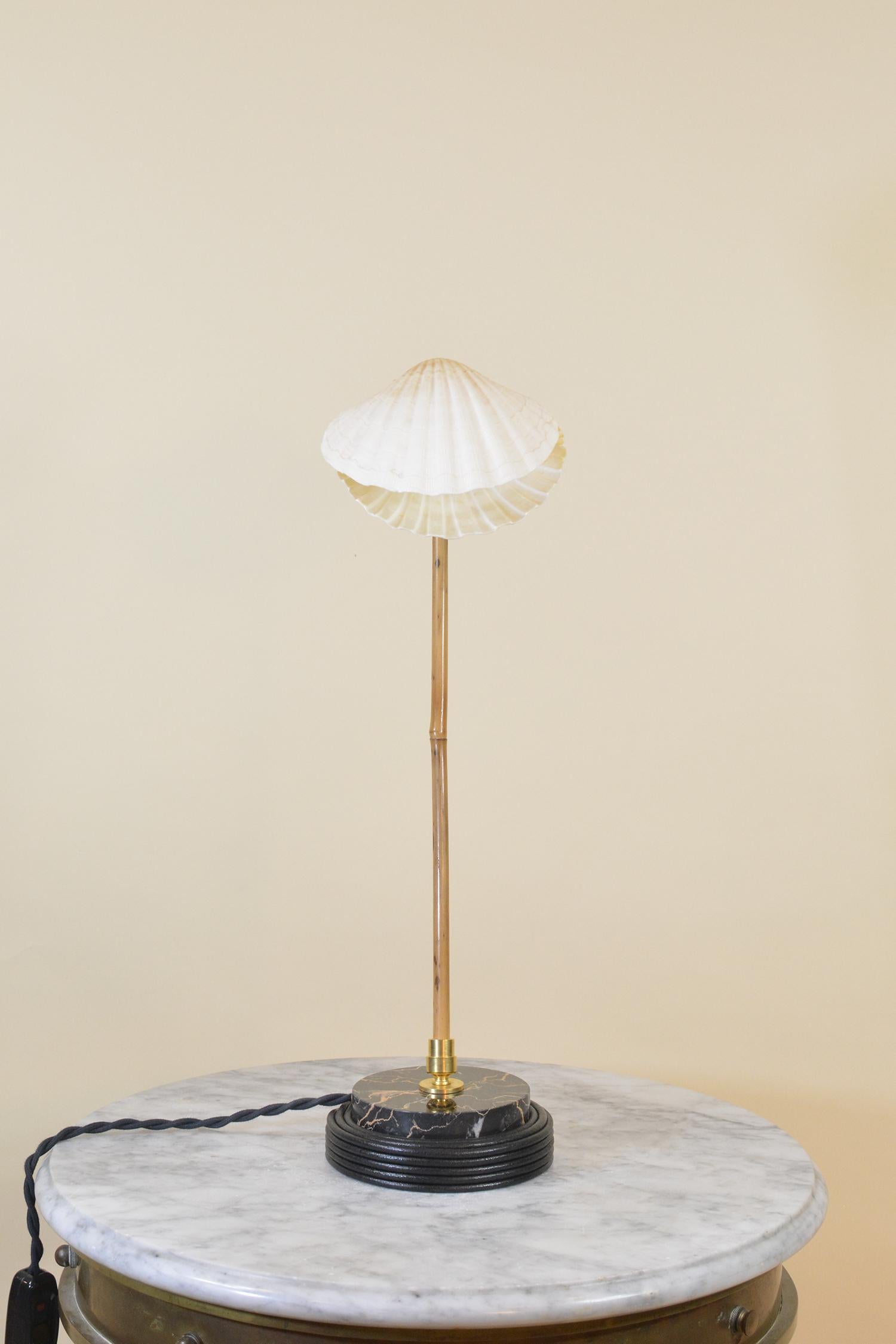 Contemporary Bamboo Table Lamp with Black Leather and Marble Base and Scallop Shell Shade For Sale
