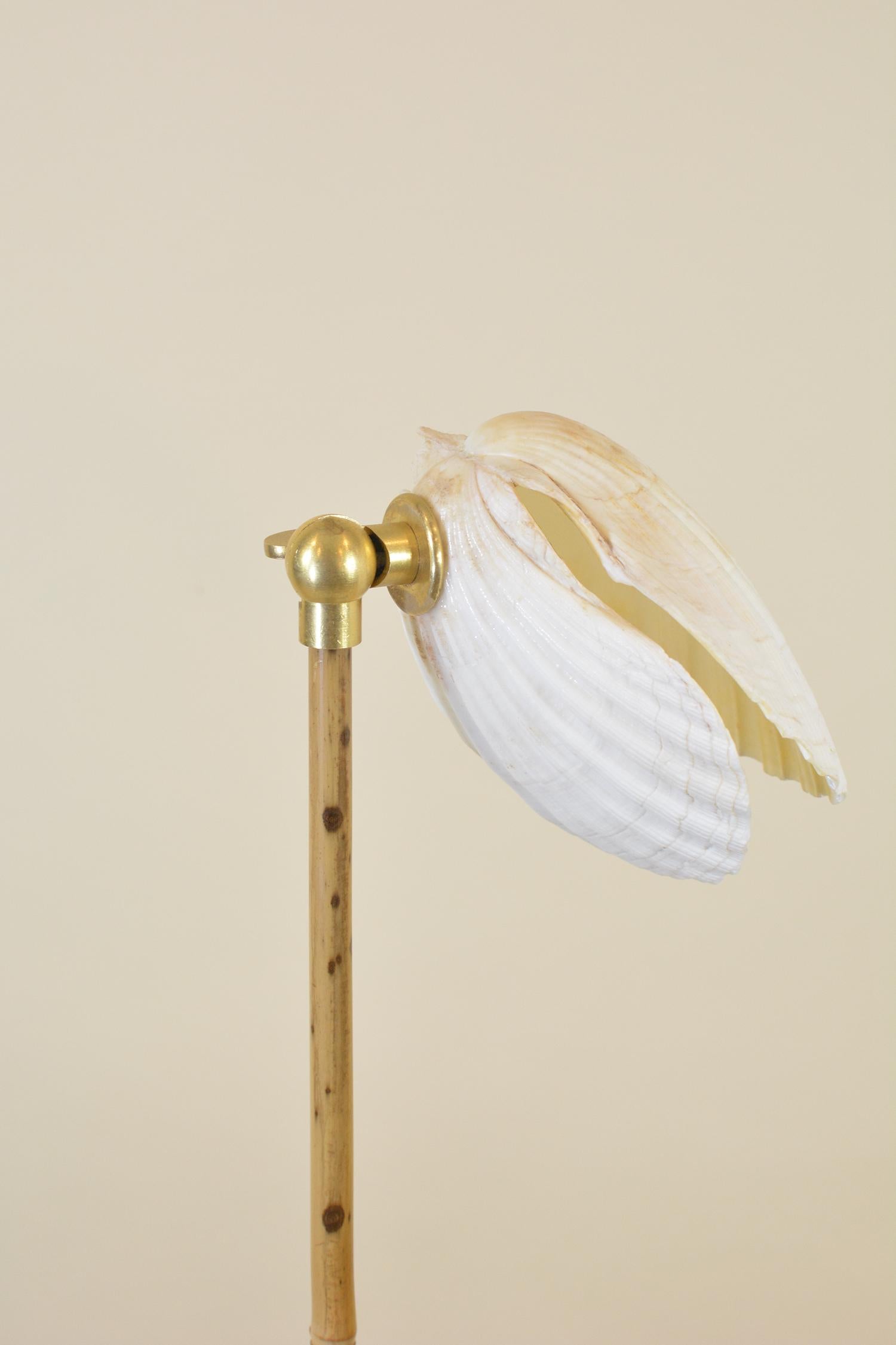 Brass Bamboo Table Lamp with Black Leather and Marble Base and Scallop Shell Shade For Sale