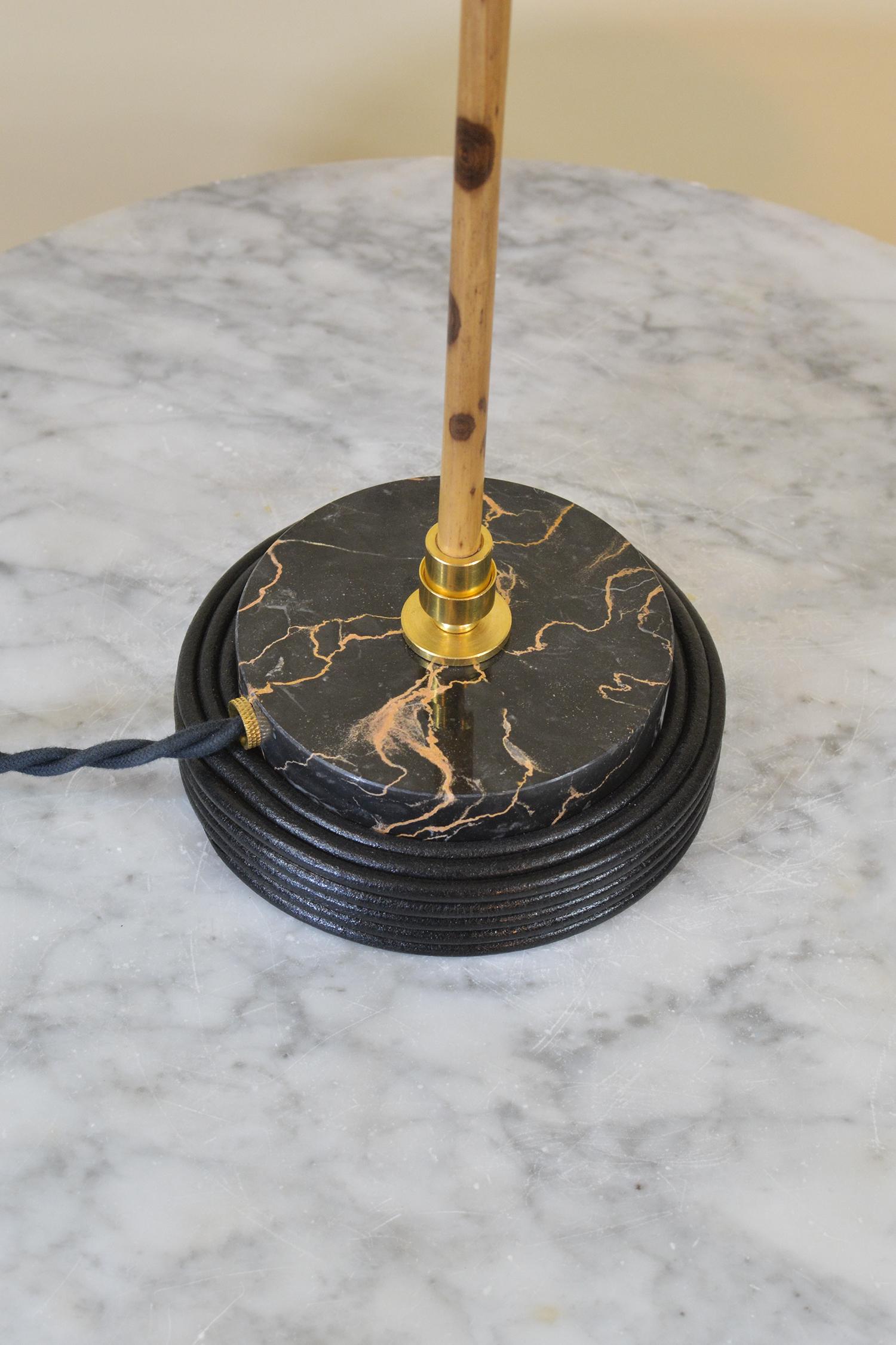 Bamboo Table Lamp with Black Leather and Marble Base and Scallop Shell Shade For Sale 2