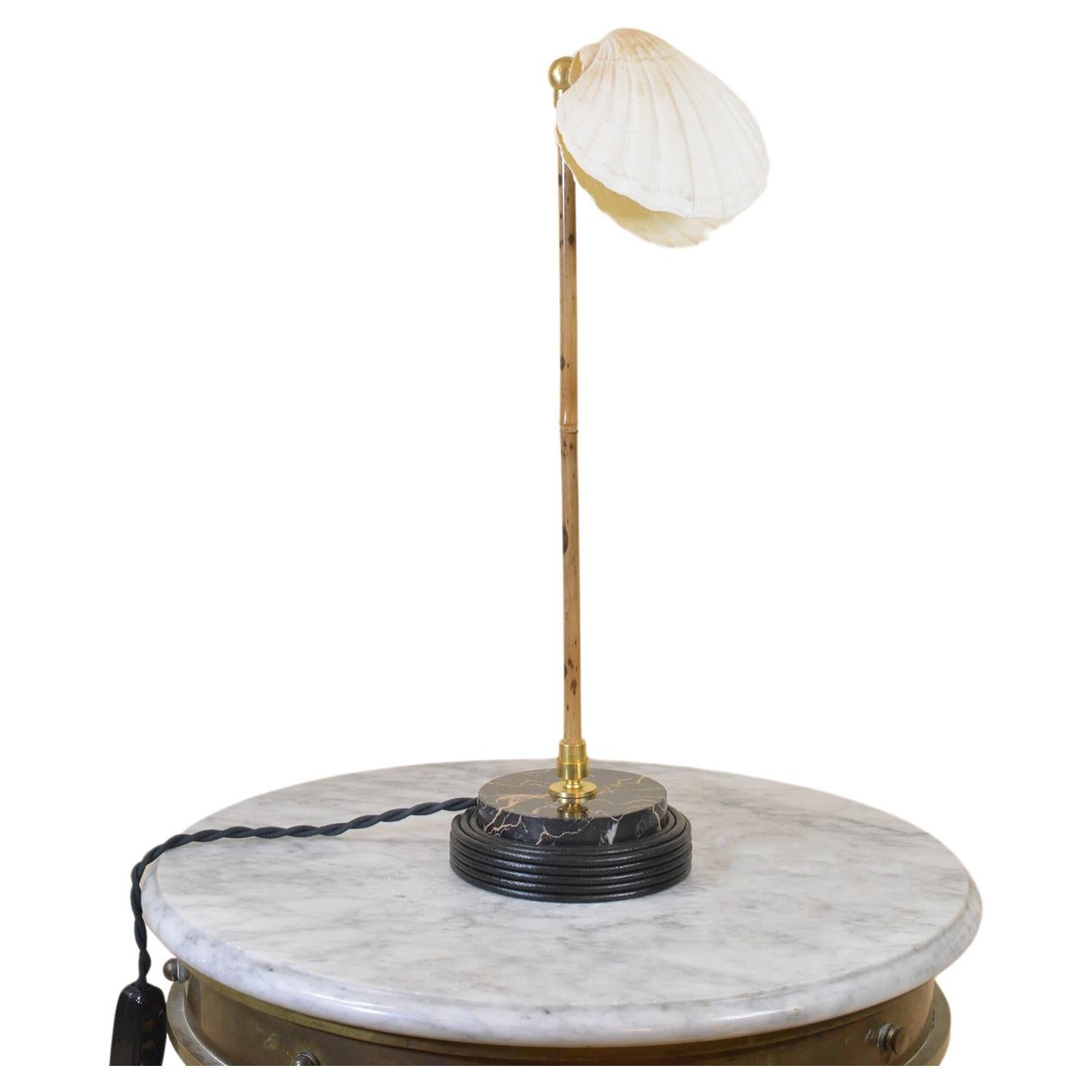 Modern Bamboo Table Lamp with Black Leather and Marble Base and Scallop Shell Shade For Sale