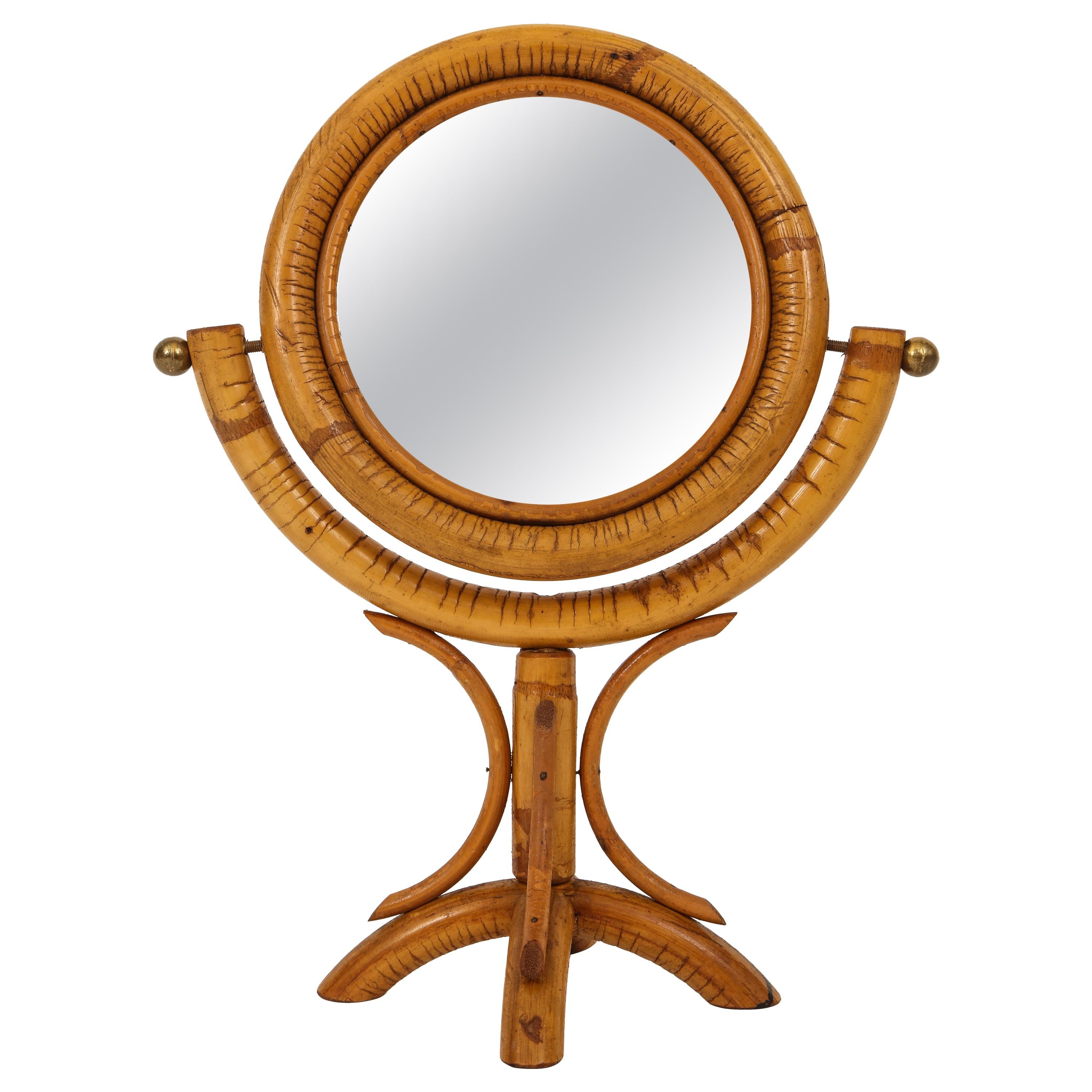 Bamboo Table Mirror, Brass Detail Midcentury France, 1950s