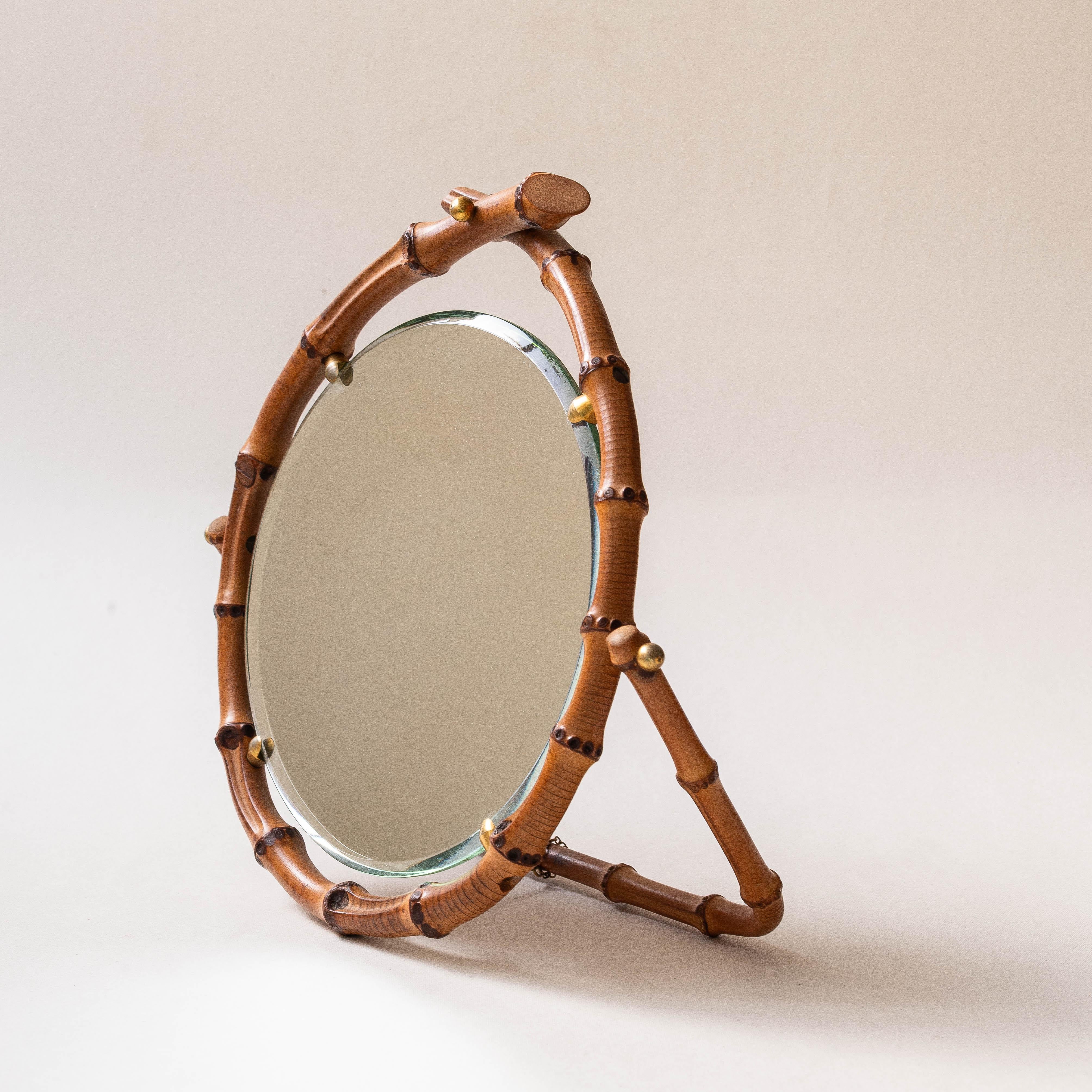 French Bamboo Table Mirror, Revolving Vanity Mirror, France 1960s For Sale
