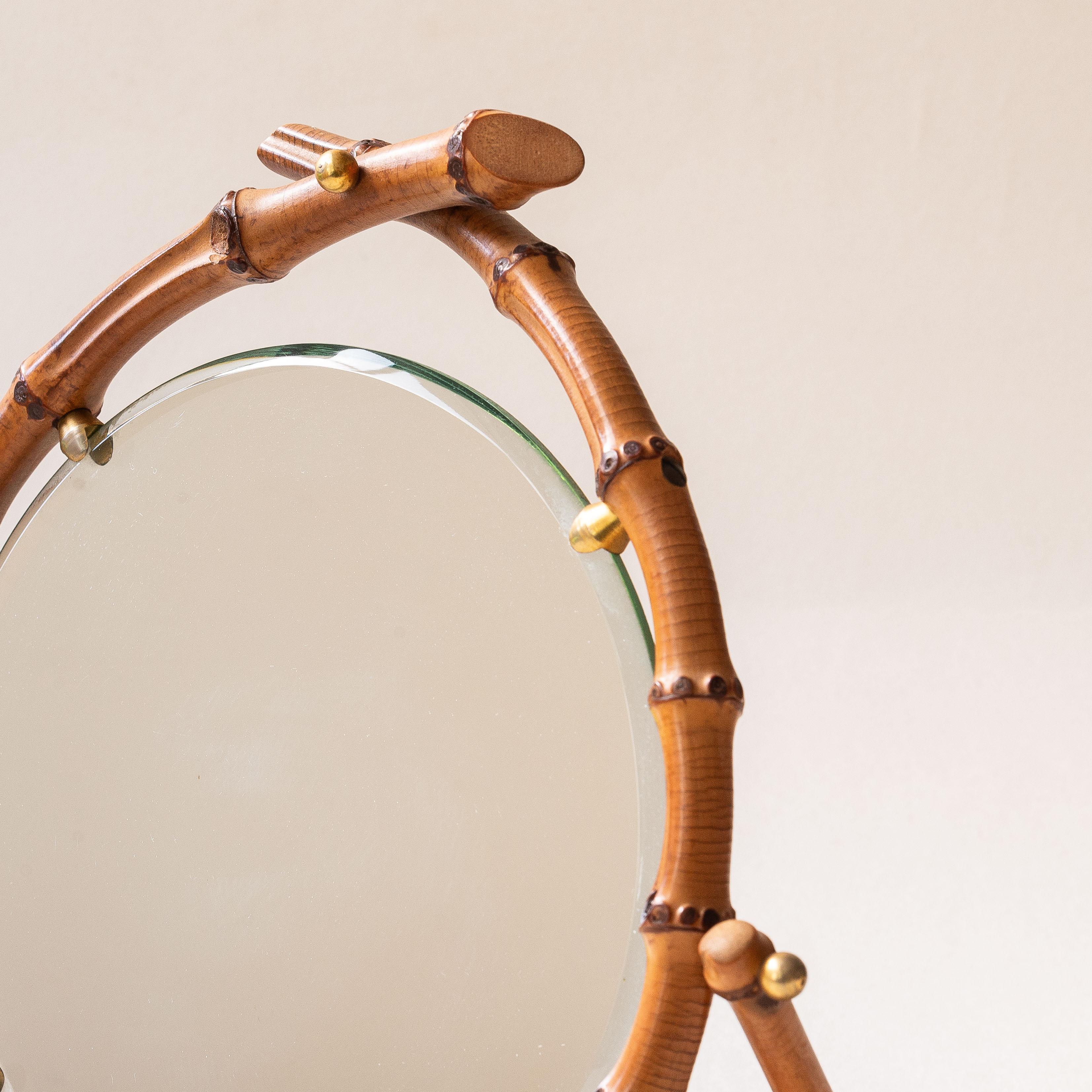 Woodwork Bamboo Table Mirror, Revolving Vanity Mirror, France 1960s For Sale