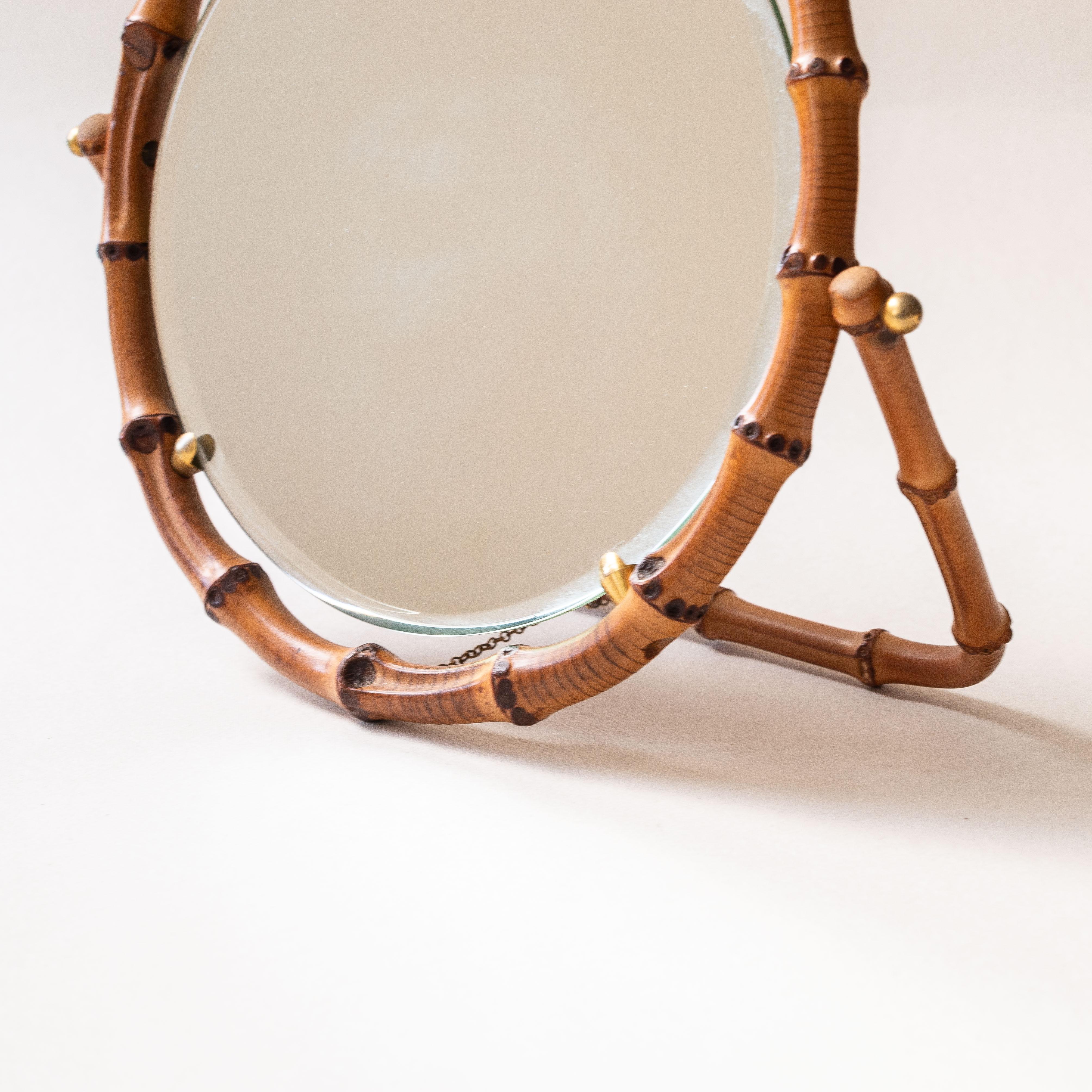 Bamboo Table Mirror, Revolving Vanity Mirror, France 1960s In Good Condition For Sale In ROUEN, Normandie