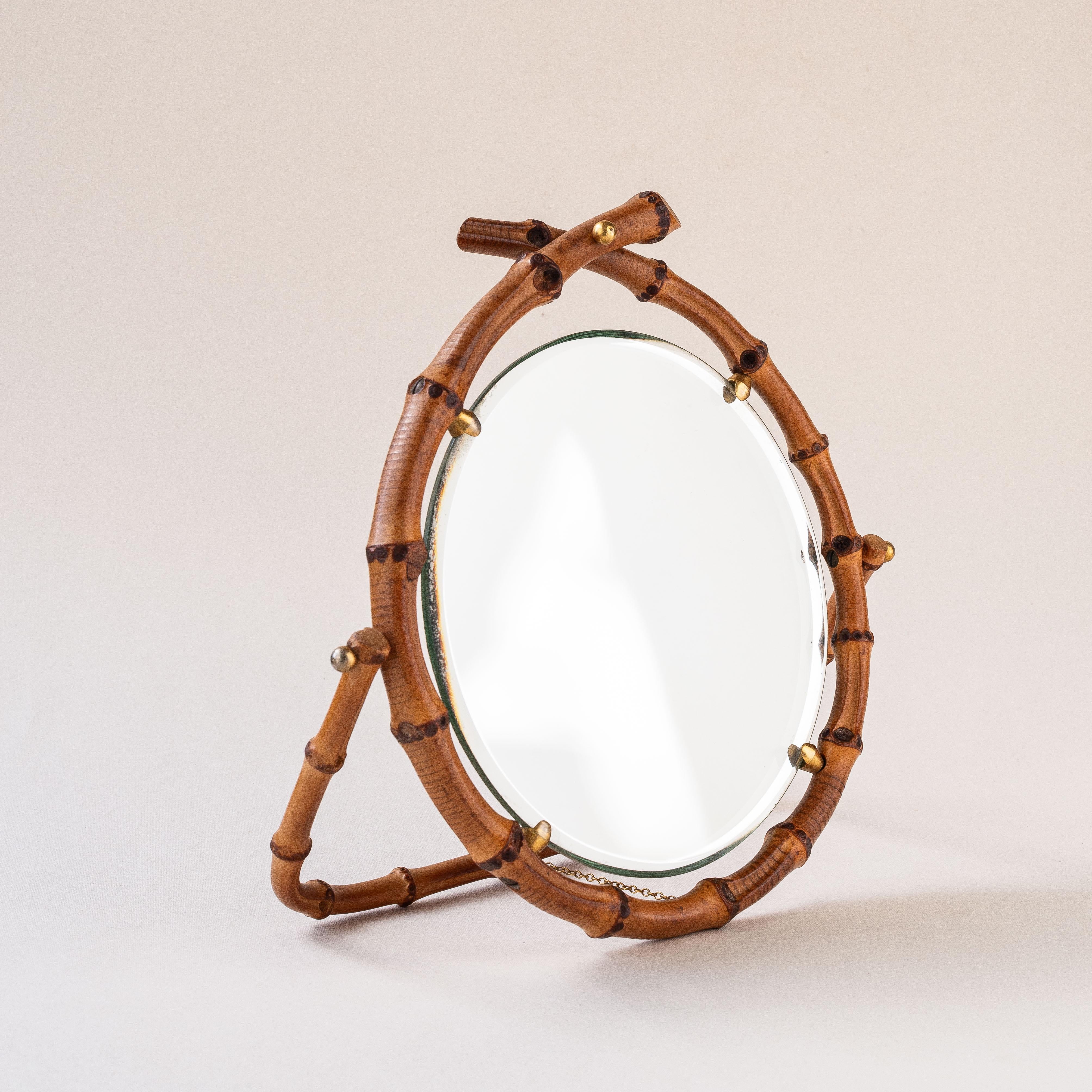 20th Century Bamboo Table Mirror, Revolving Vanity Mirror, France 1960s For Sale