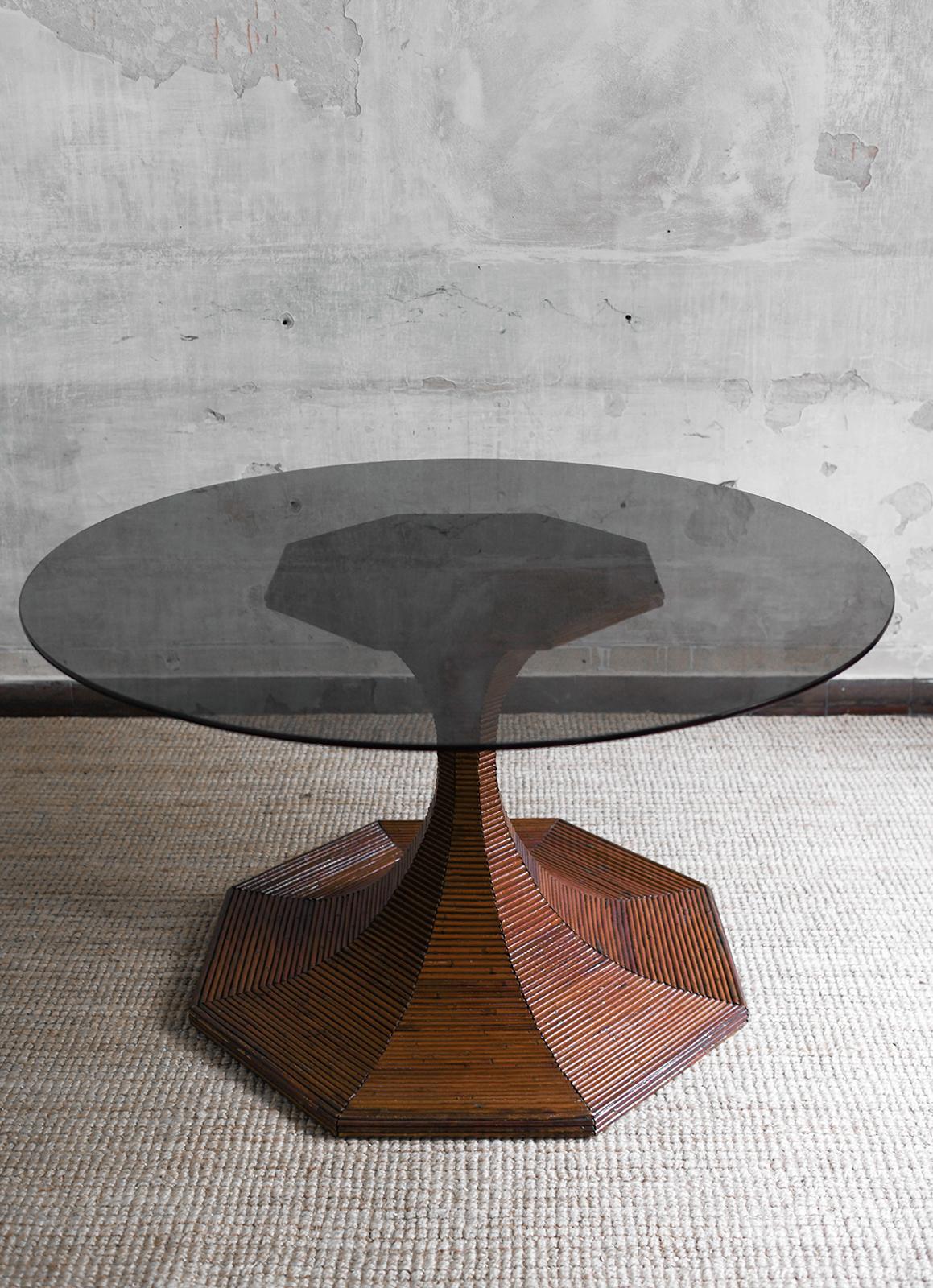 Bamboo Table With Circular Smoked Glass Top, Pagoda Series Vivai Del Sud 1970s In Good Condition For Sale In Roma, RM
