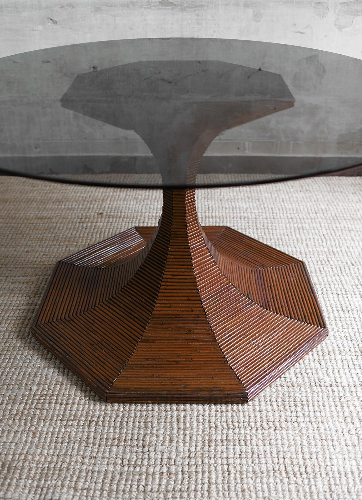 Late 20th Century Bamboo Table With Circular Smoked Glass Top, Pagoda Series Vivai Del Sud 1970s For Sale