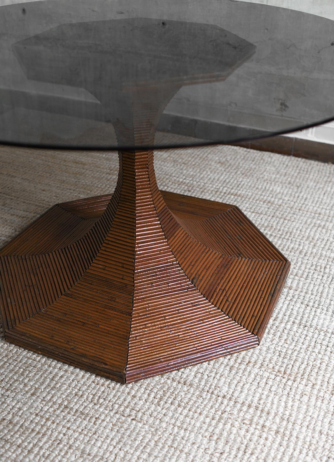 Bamboo Table With Circular Smoked Glass Top, Pagoda Series Vivai Del Sud 1970s For Sale 1