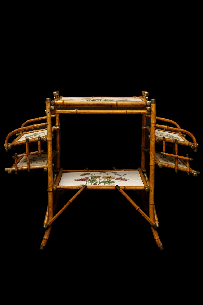 Bamboo Table with Metal Caps and Tile Inserts For Sale at 1stDibs