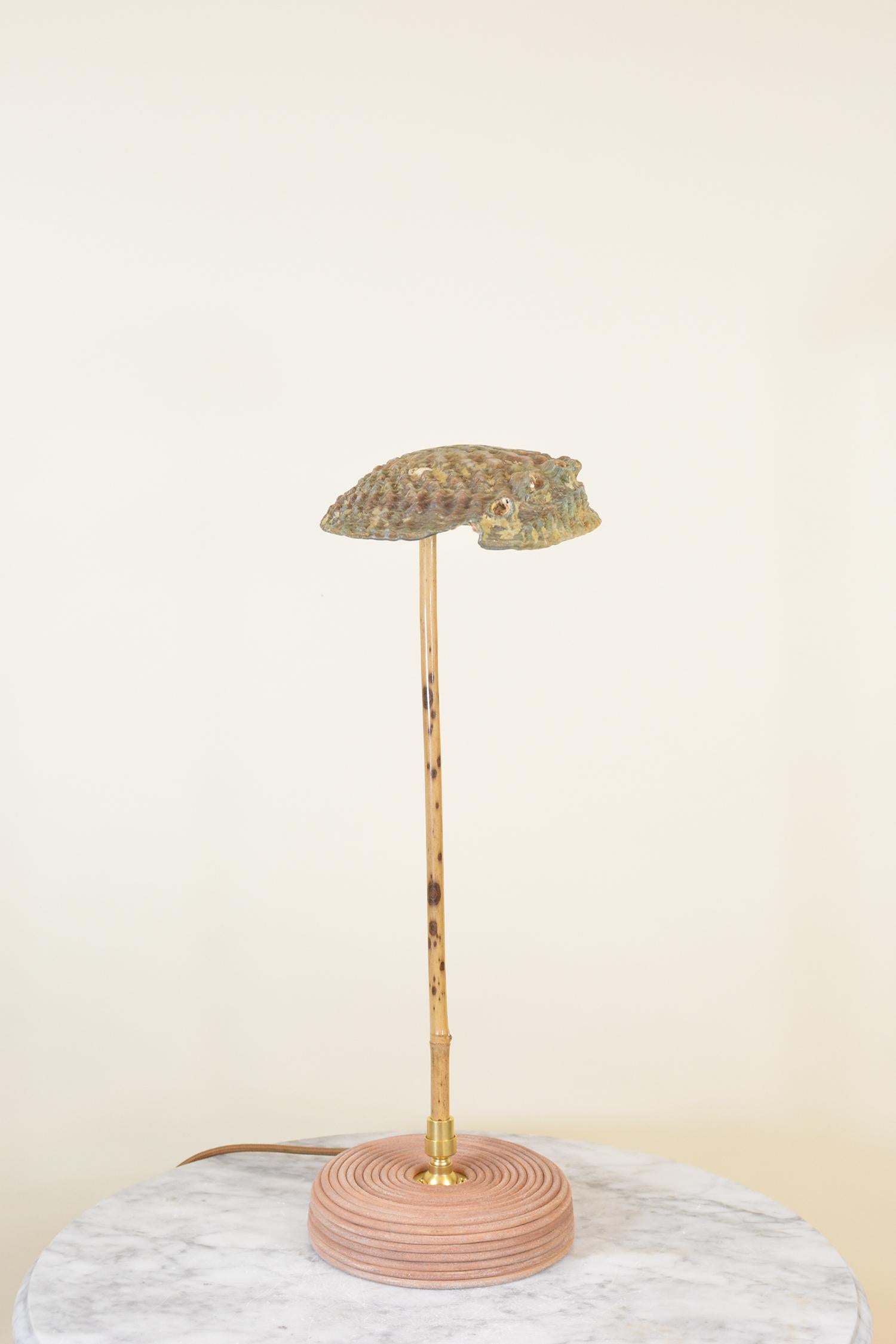 Modern Bamboo Task Lamp with Coiled Leather Base and Natural Abalone Shell Shade For Sale