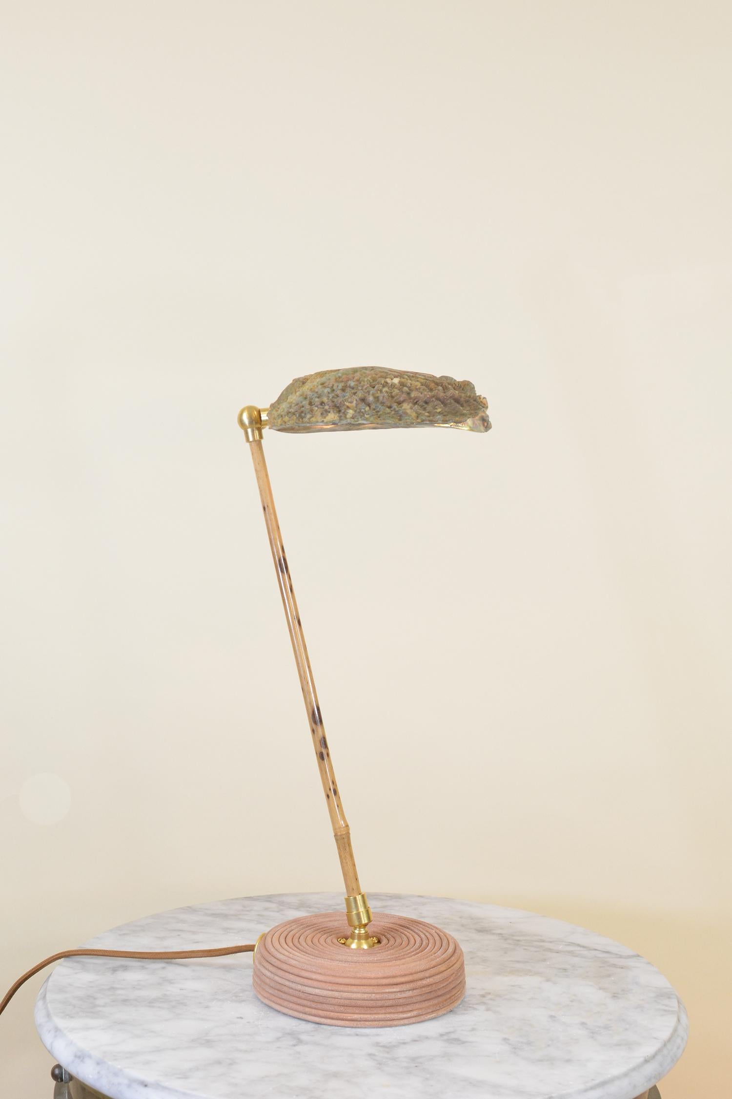 Bamboo Task Lamp with Coiled Leather Base and Natural Abalone Shell Shade In New Condition For Sale In Brooklyn, NY