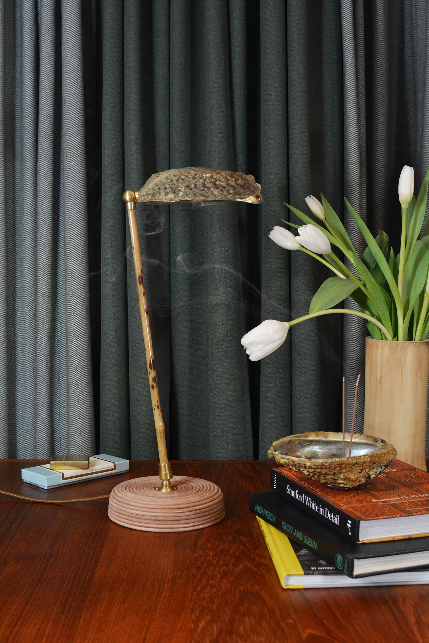 Contemporary Bamboo Task Lamp with Coiled Leather Base and Natural Abalone Shell Shade For Sale