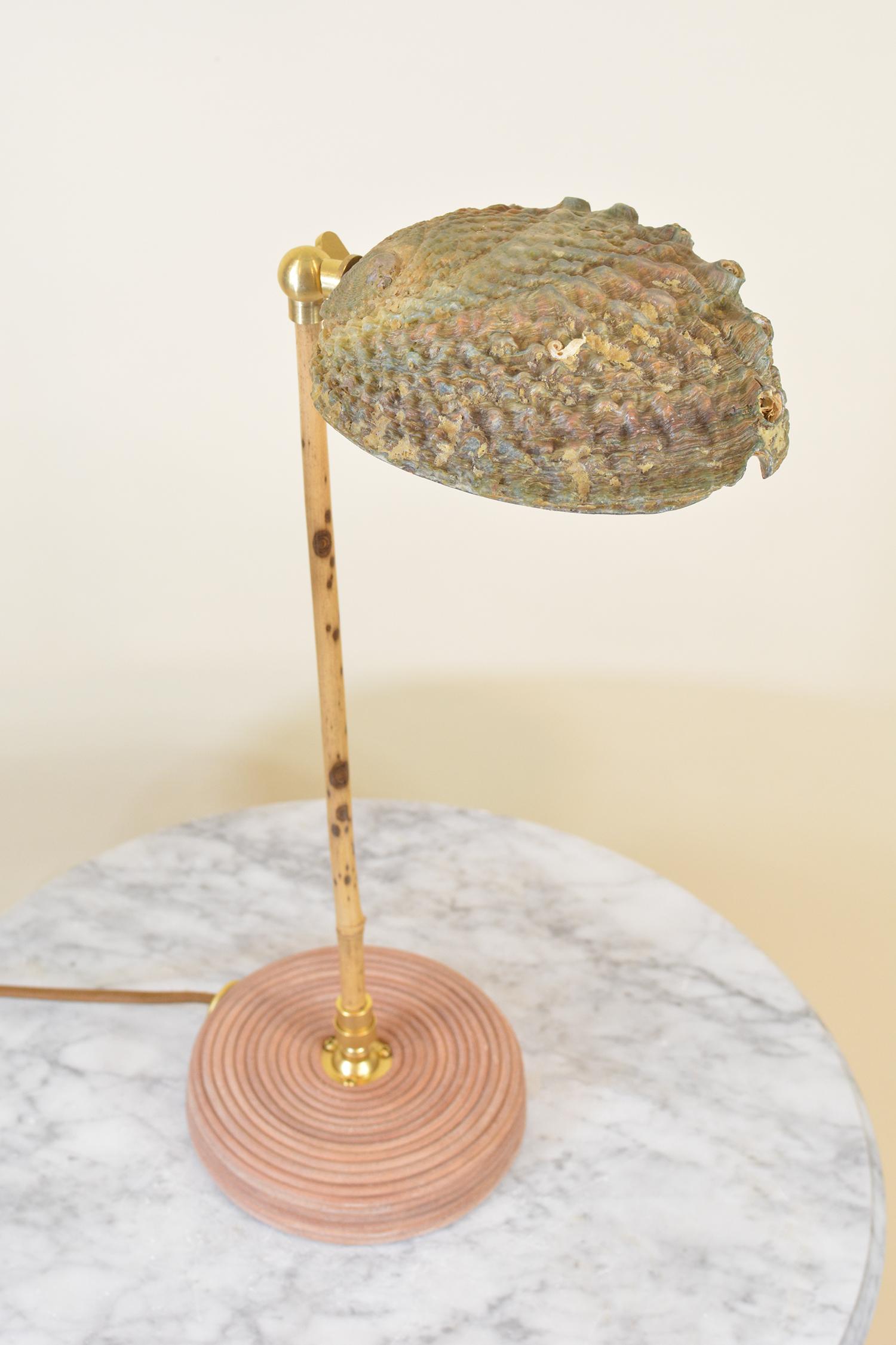 Bamboo Task Lamp with Coiled Leather Base and Natural Abalone Shell Shade For Sale 1