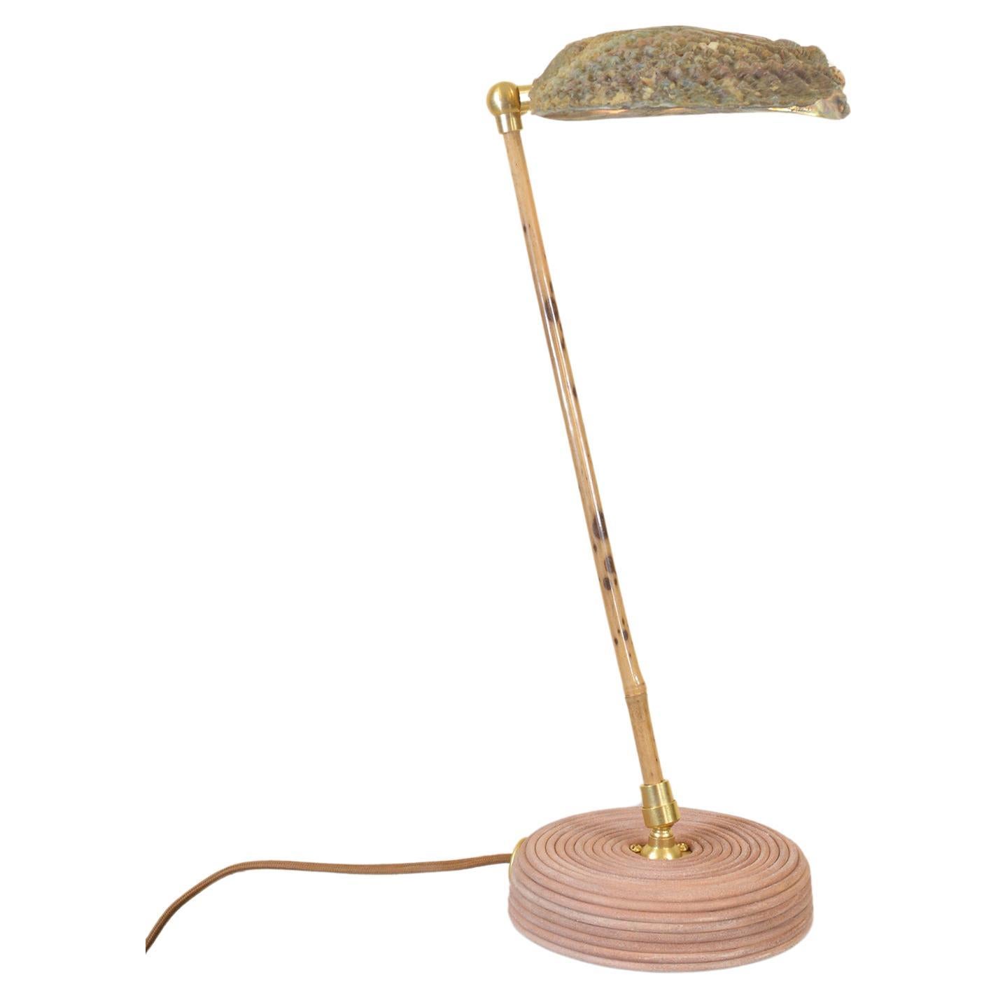 Bamboo Task Lamp with Coiled Leather Base and Natural Abalone Shell Shade