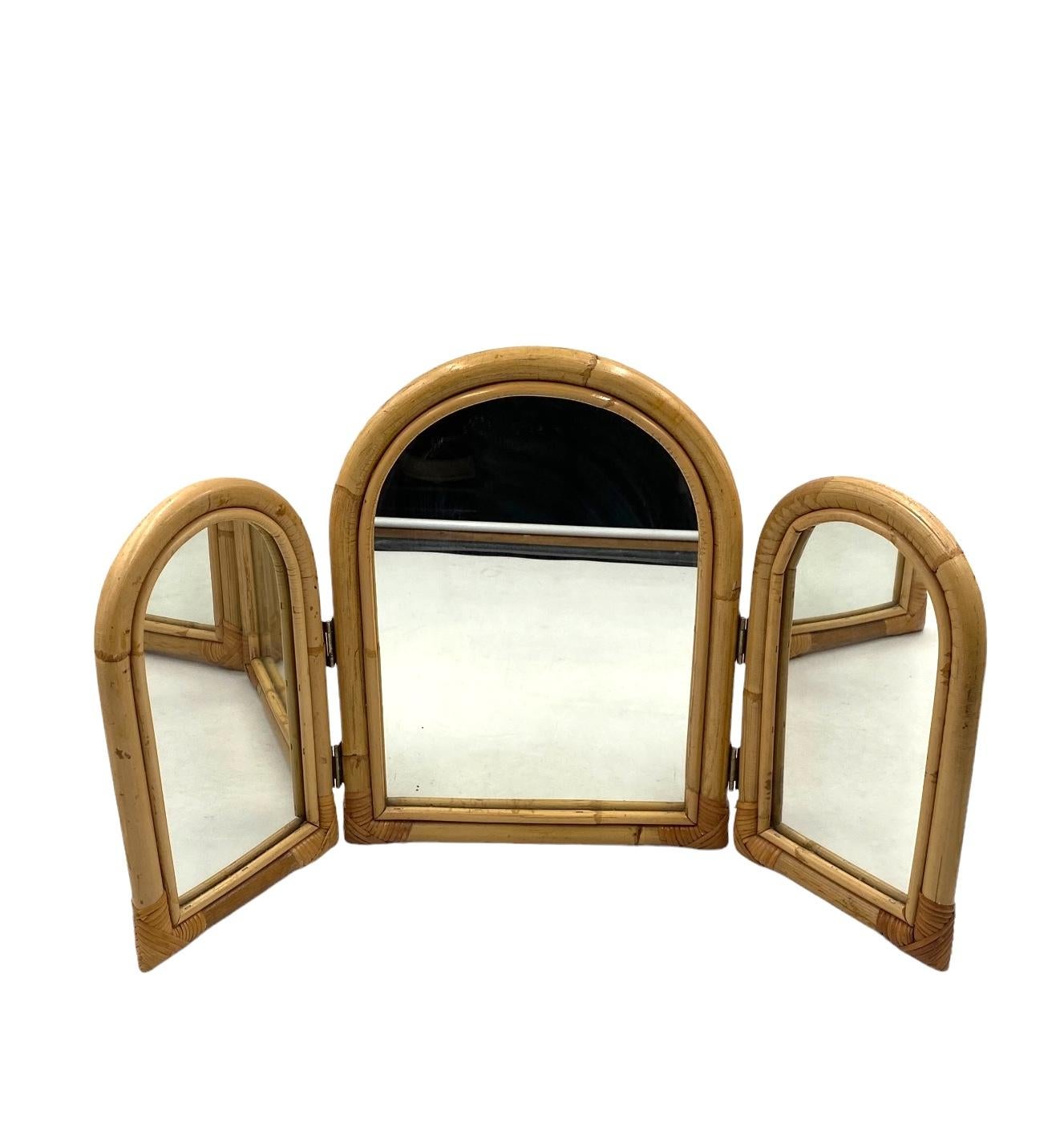 Bamboo three flaps table mirror / vanity, Italy 1960s For Sale 4