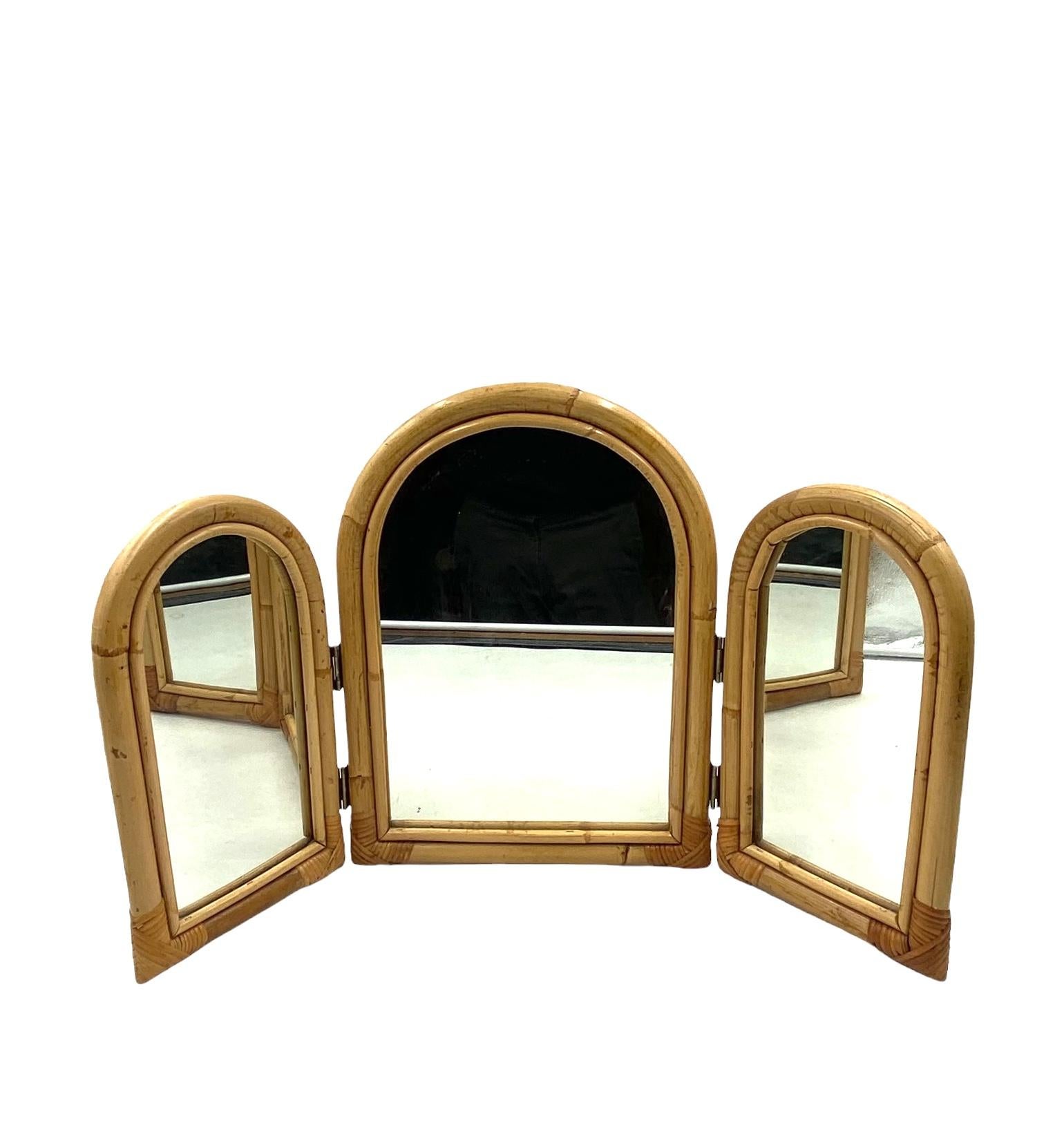 Bamboo three flaps table mirror / vanity, Italy 1960s For Sale 5